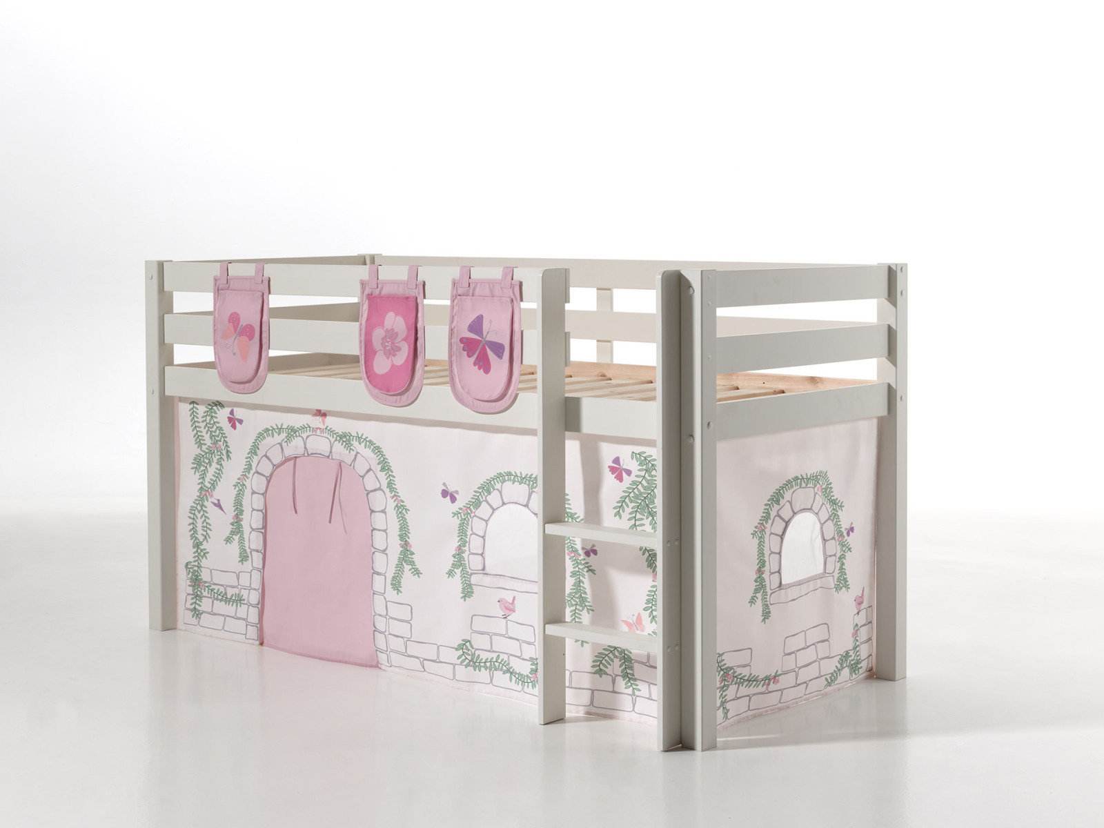 Spielbett PINO mit Vorhang BIRDY - weiß - 3 Taschen - 90x200 cm