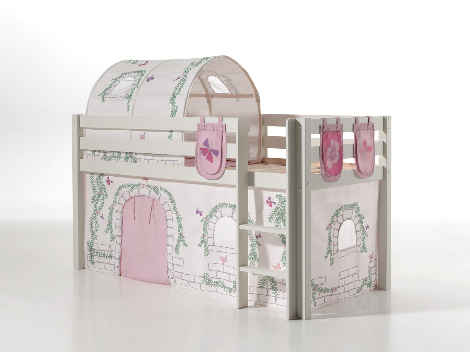 Spielbett PINO mit Vorhang BIRDY - weiß - Tunnel & 3 Taschen - 90x200 cm