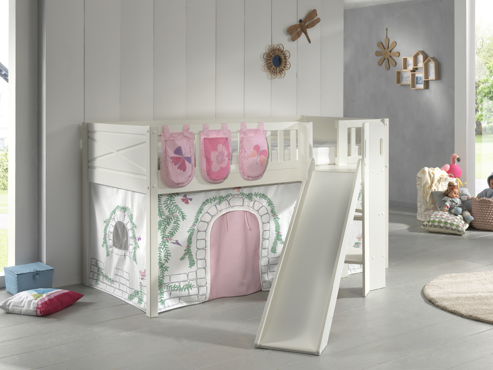 Spielbett SCOTT - weiß - Birdy - mit Rutsche, Vorhang, Taschen und Leiter - 90x200 cm