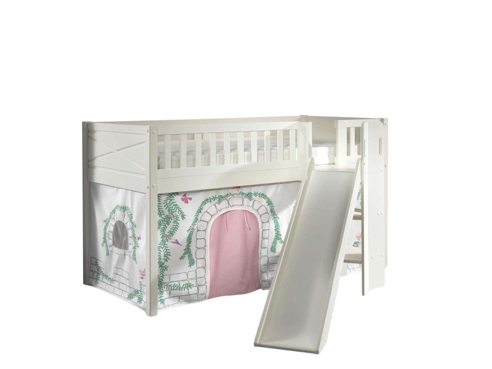 Spielbett SCOTT - weiß - Birdy - mit Rutsche, Vorhang und Leiter - 90x200 cm