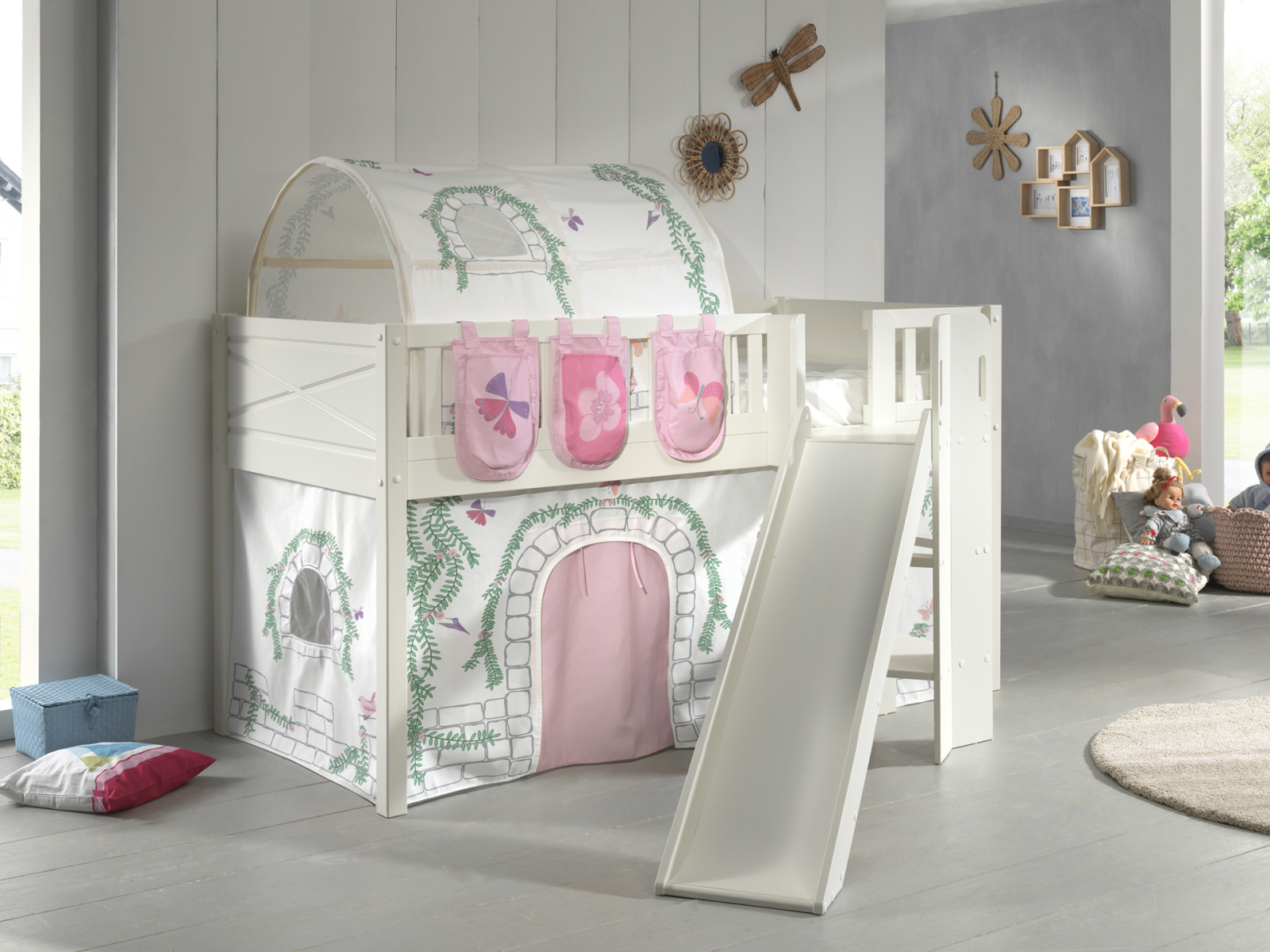 Spielbett SCOTT - weiß - Birdy - mit Rutsche - Vorhang, Leiter, Tunnel und Taschen - 90x200 cm