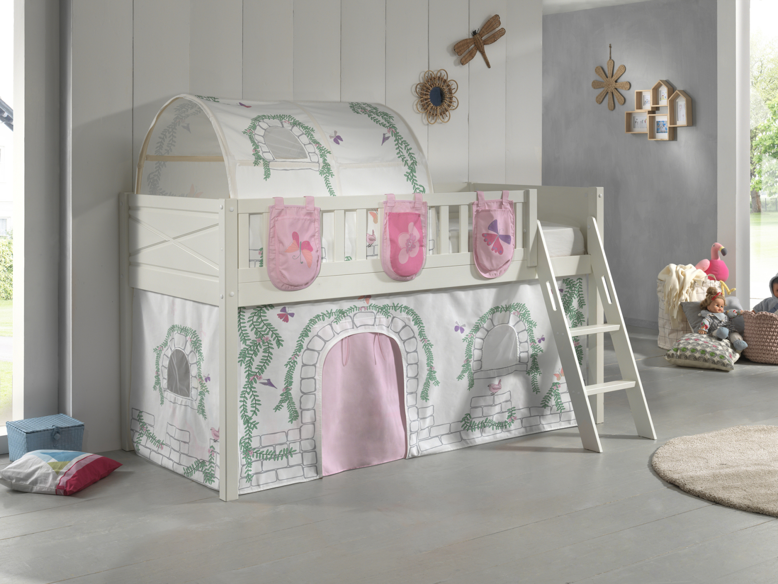 Spielbett SCOTT - weiß - Birdy - mit Vorhang, Leiter, Tunnel und Taschen - 90x200 cm