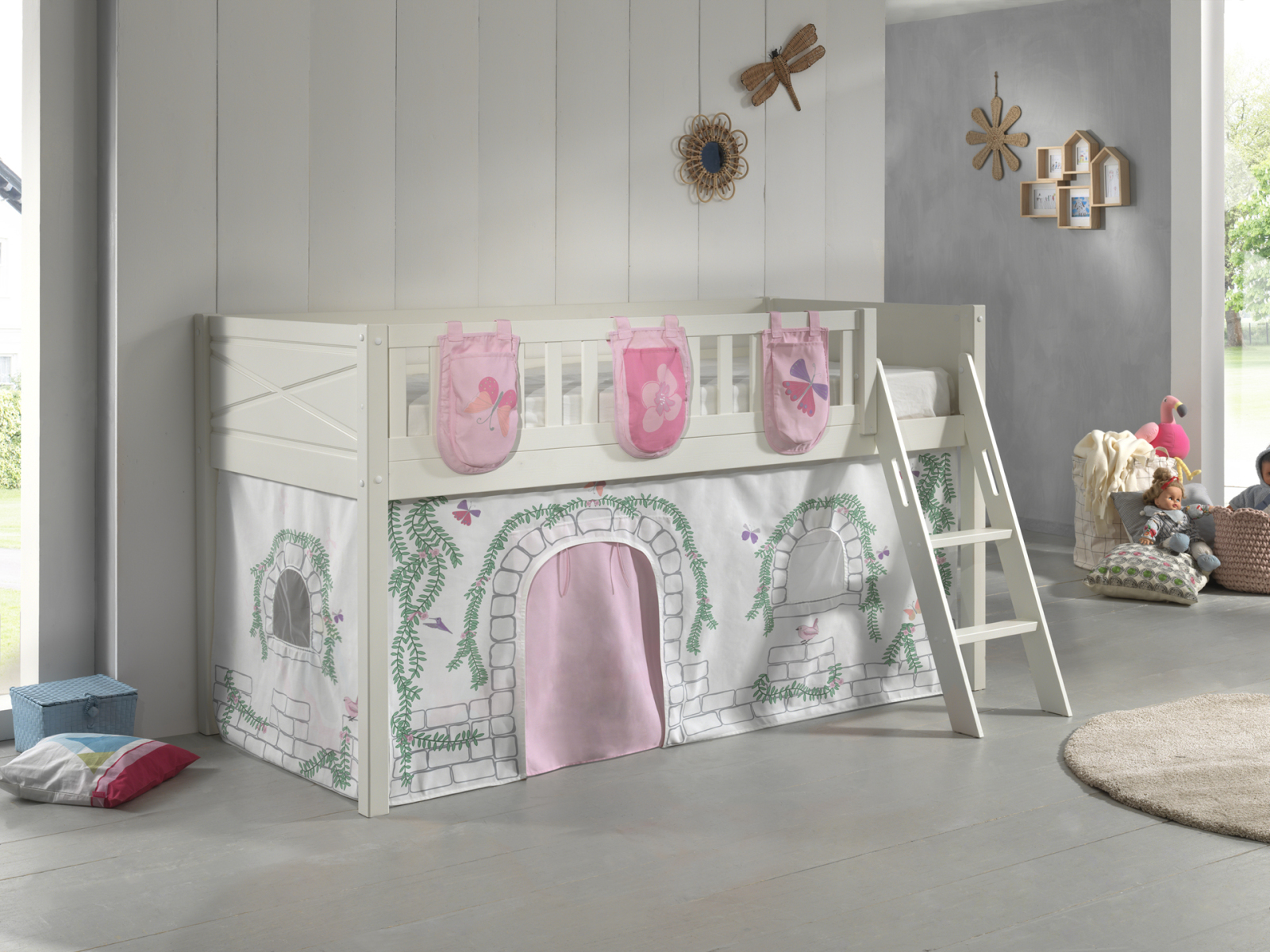 Spielbett SCOTT - weiß - Birdy - mit Vorhang, Leiter und Taschen - 90x200 cm