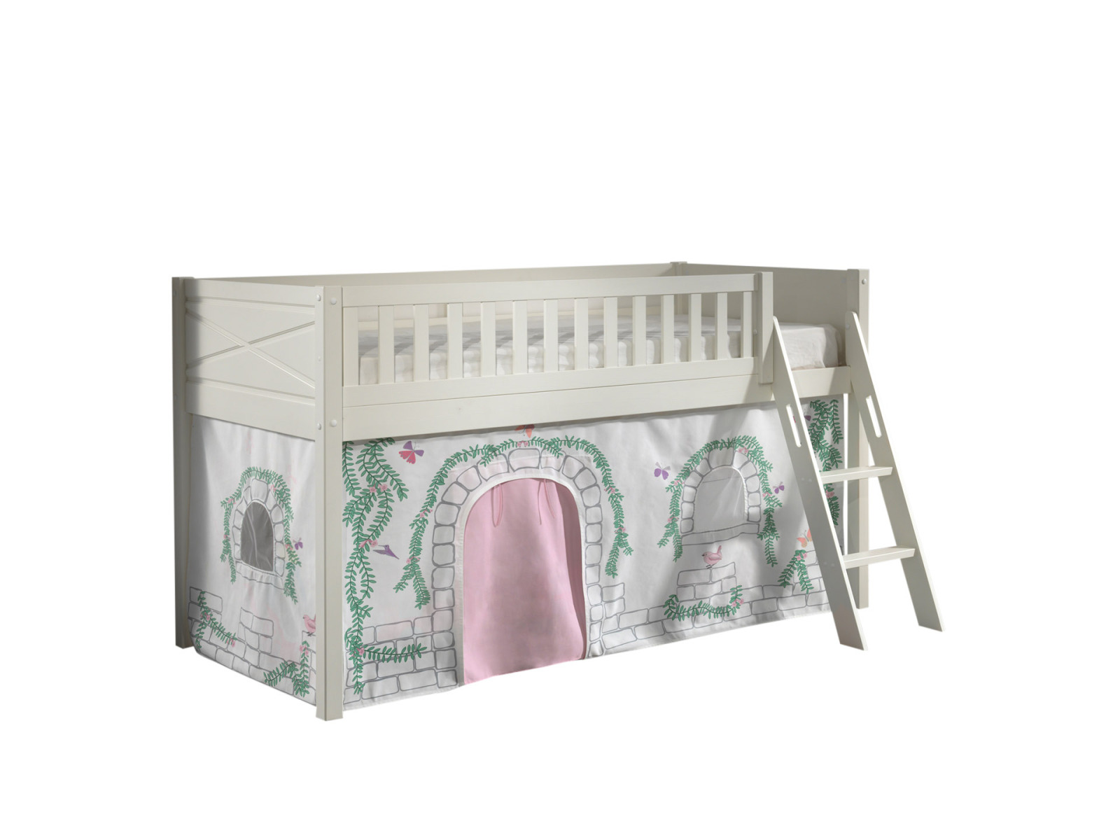Spielbett SCOTT - weiß - Birdy - mit Vorhang und Leiter - 90x200 cm