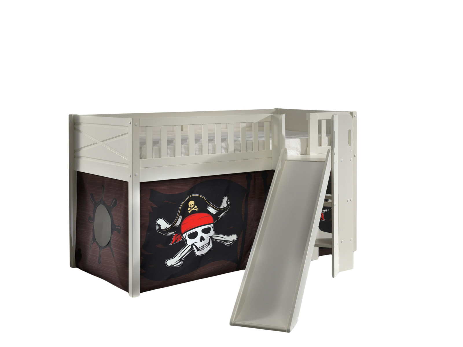 Spielbett SCOTT - weiß - Caribian Pirate - mit Rutsche, Vorhang und Leiter - 90x200 cm