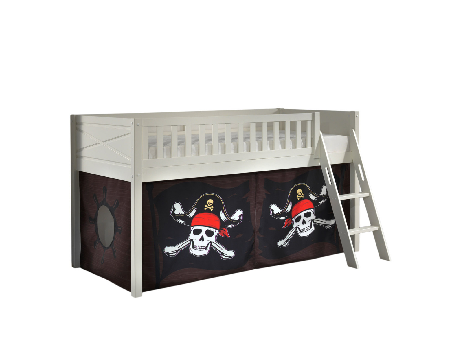 Spielbett SCOTT - weiß - Caribian Pirate - mit Vorhang und Leiter - 90x200 cm
