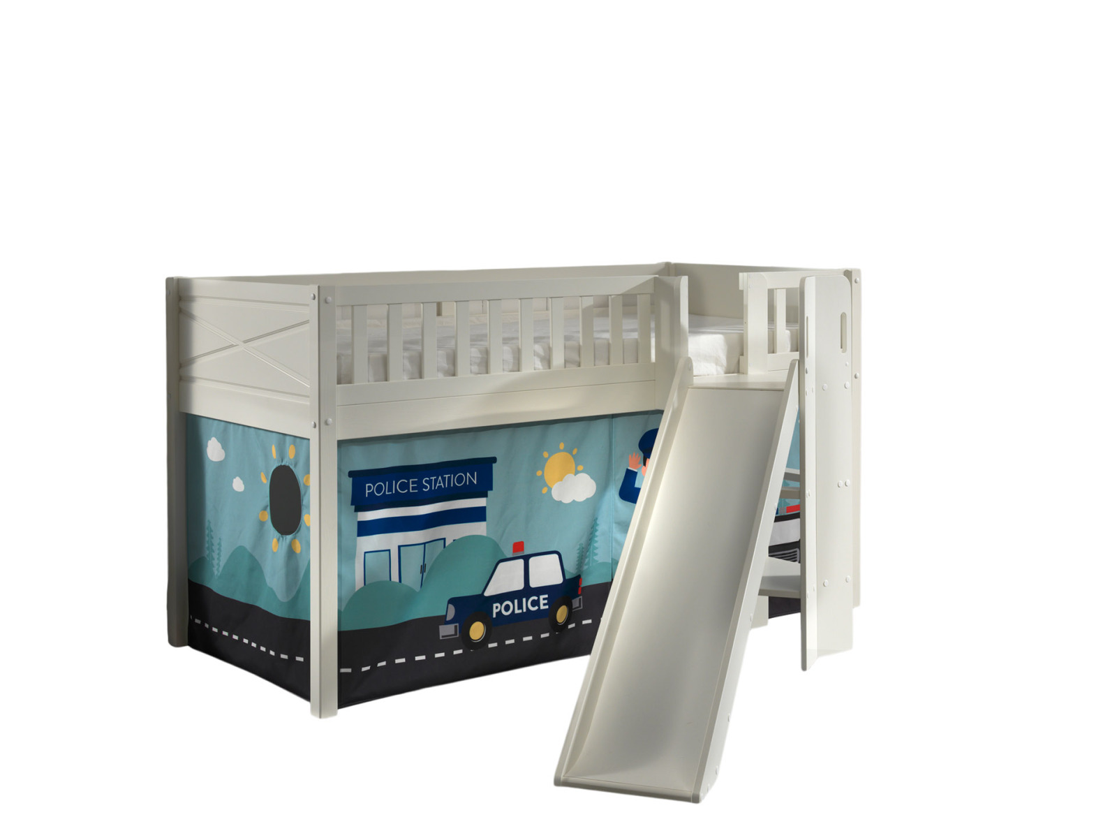 Spielbett SCOTT - weiß - Police - mit Rutsche, Vorhang und Leiter - 90x200 cm