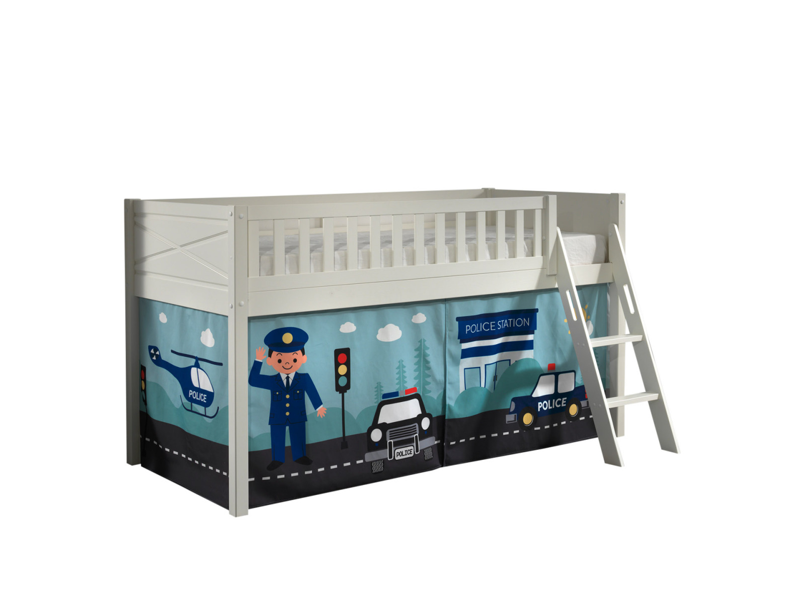 Spielbett SCOTT - weiß - Police - mit Vorhang und Leiter - 90x200 cm