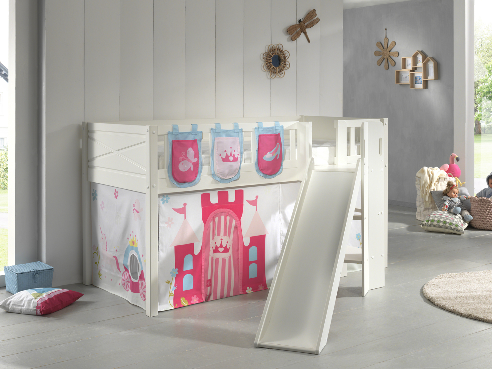 Spielbett SCOTT - weiß - Princess - mit Rutsche, Vorhang, Taschen und Leiter - 90x200 cm