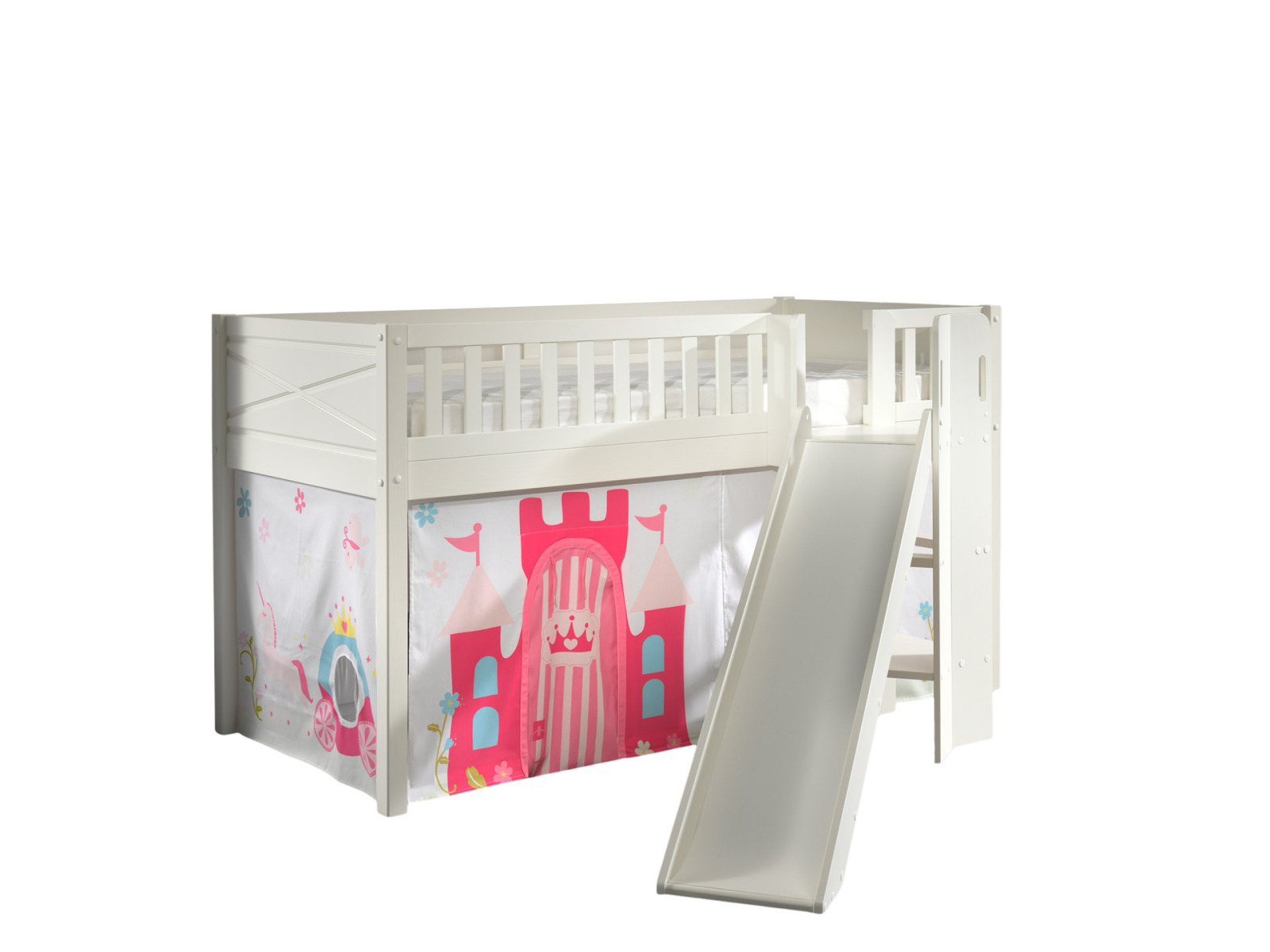 Spielbett SCOTT - weiß - Princess - mit Rutsche, Vorhang und Leiter - 90x200 cm