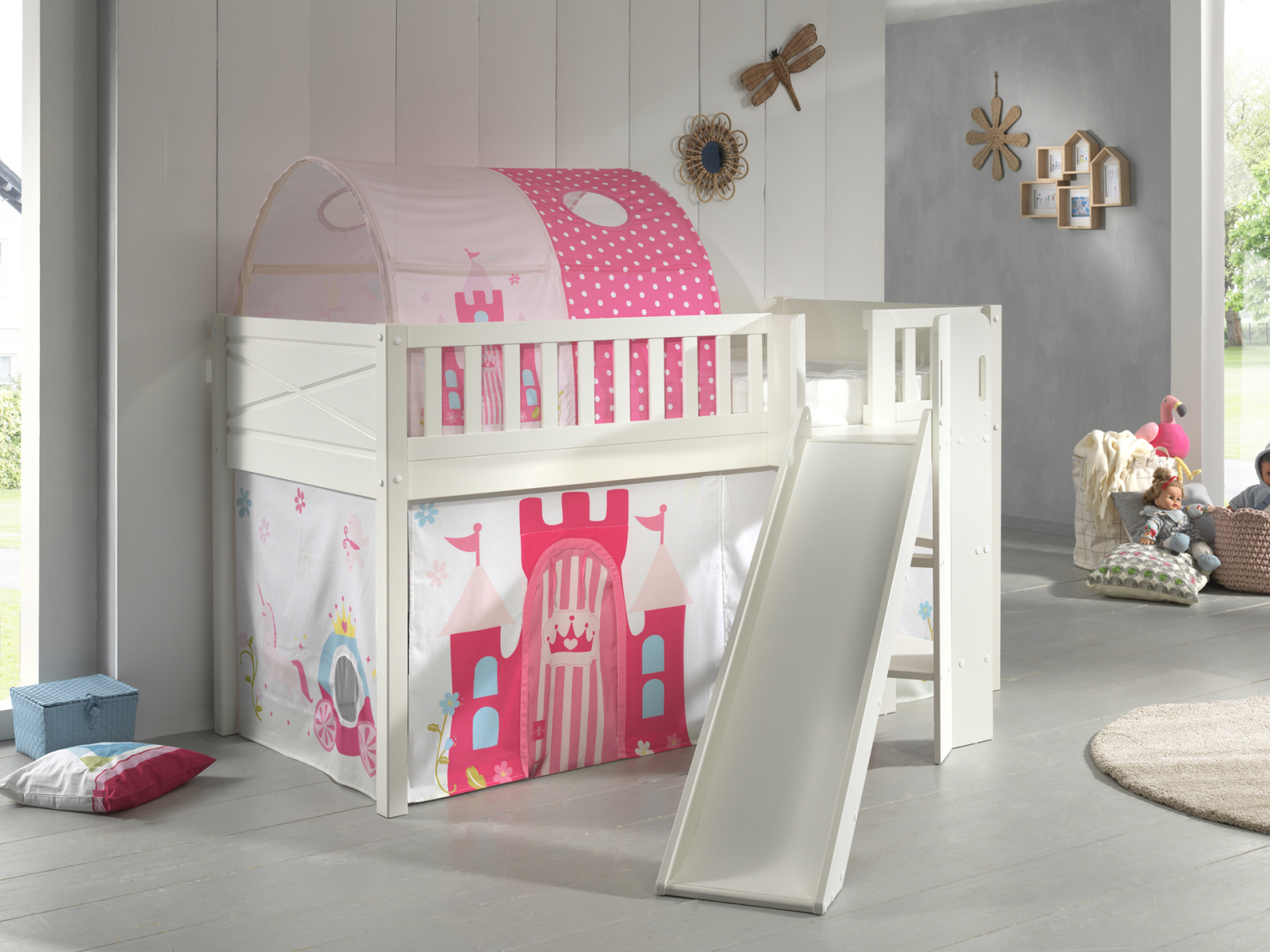Spielbett SCOTT - weiß - Princess - mit Rutsche - Vorhang, Leiter und Tunnel - 90x200 cm