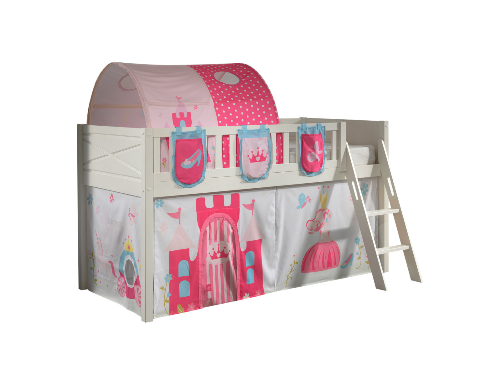 Spielbett SCOTT - weiß - Princess - mit Vorhang, Leiter, Tunnel und Taschen - 90x200 cm