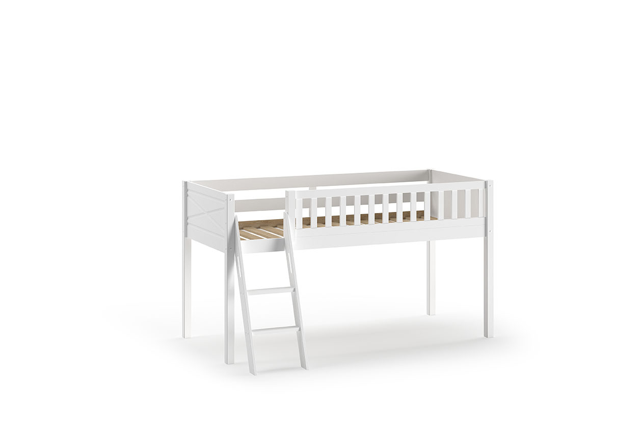 Spielbett SCOTT - weiß - Princess - mit Vorhang, Leiter und Taschen - 90x200 cm
