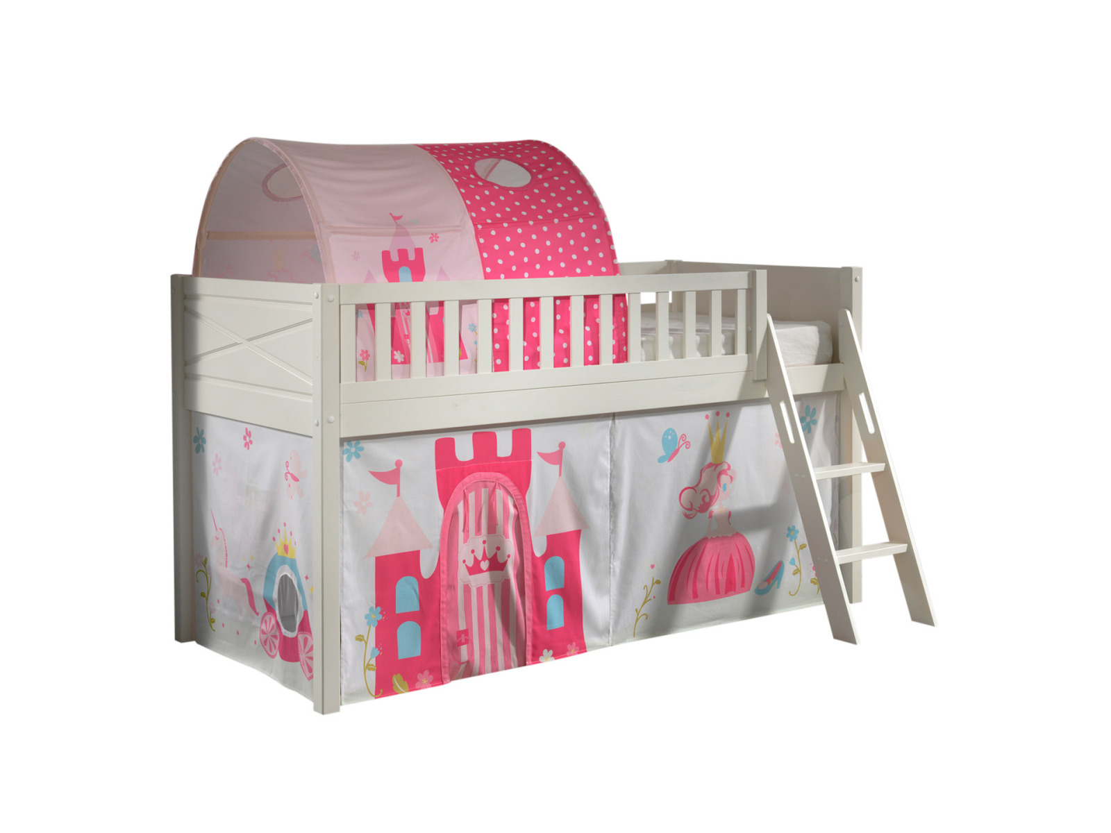 Spielbett SCOTT - weiß - Princess - mit Vorhang, Leiter und Tunnel - 90x200 cm