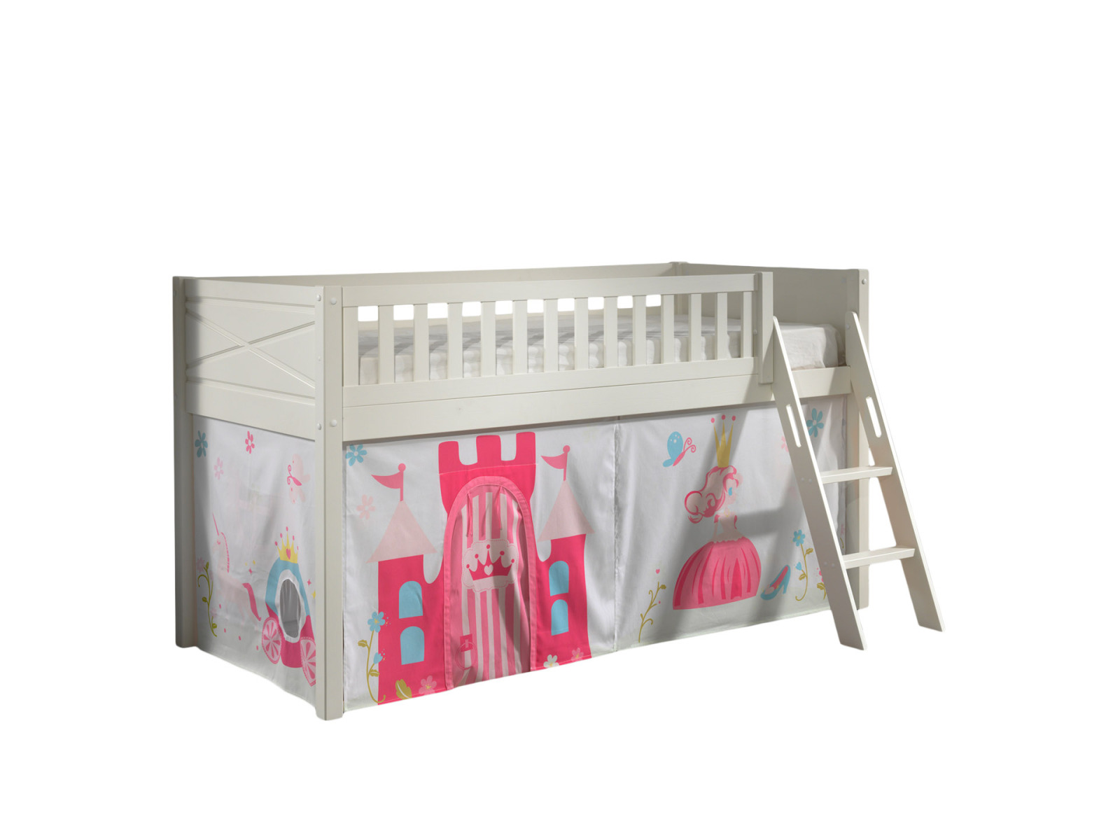 Spielbett SCOTT - weiß - Princess - mit Vorhang und Leiter - 90x200 cm