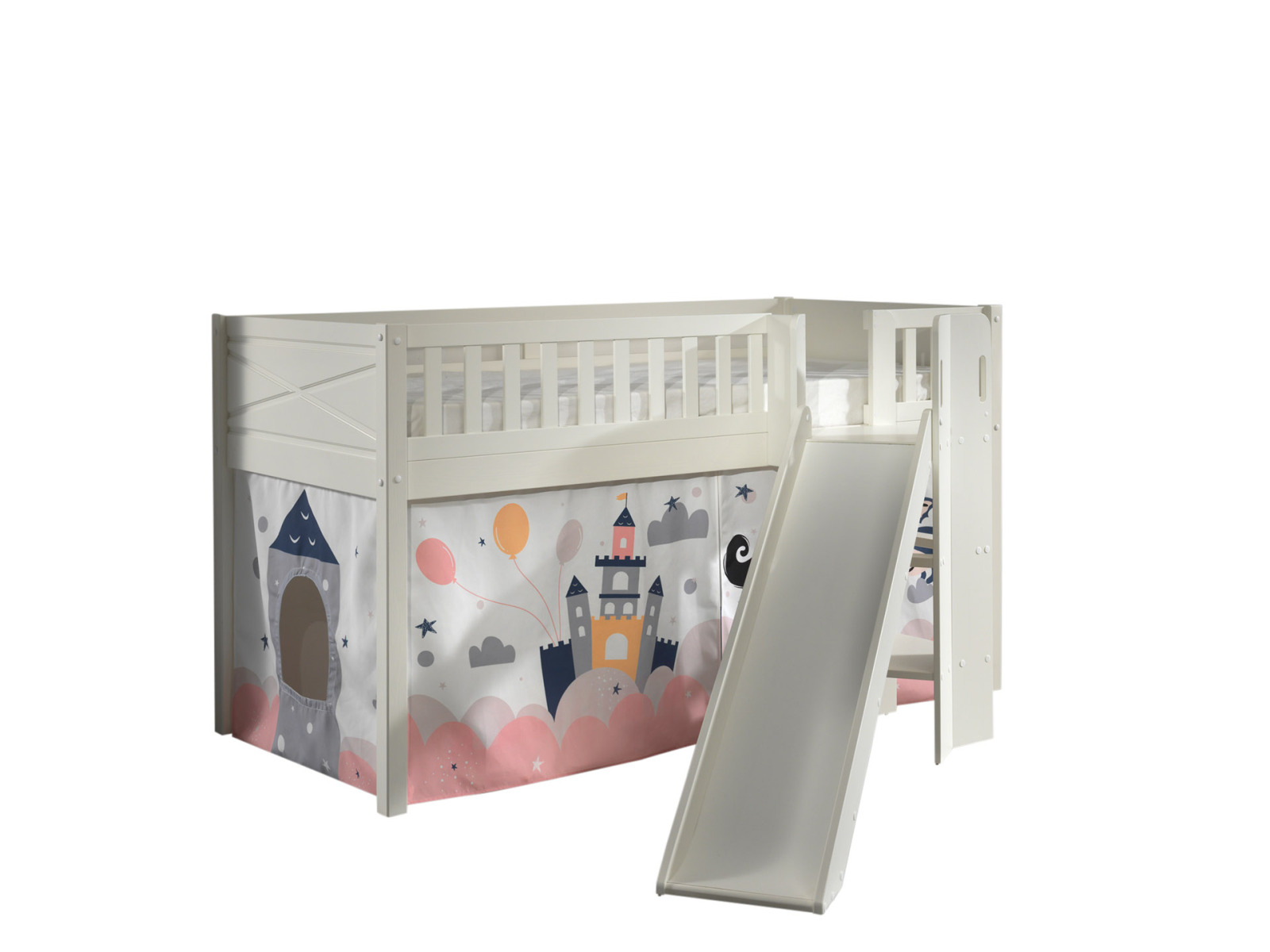 Spielbett SCOTT - weiß - Princess Sophie - mit Rutsche, Vorhang und Leiter - 90x200 cm