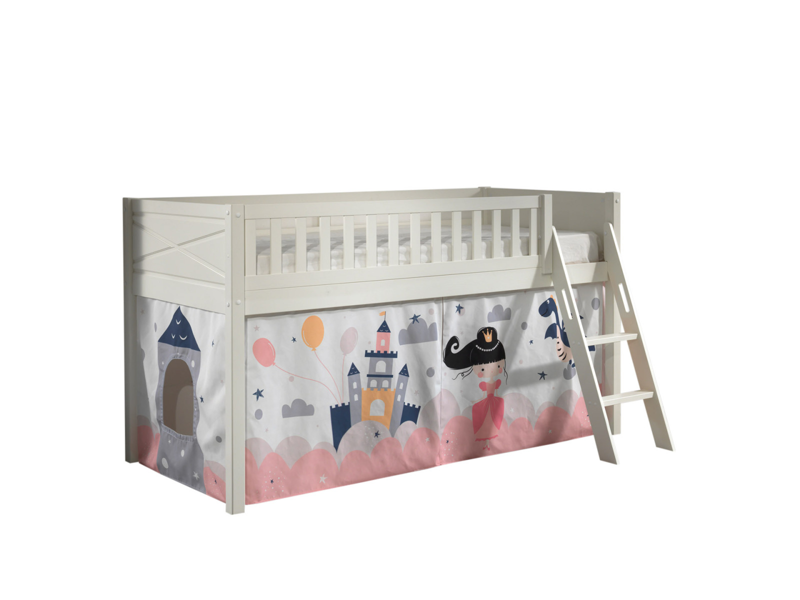 Spielbett SCOTT - weiß - Princess Sophie - mit Vorhang und Leiter - 90x200 cm