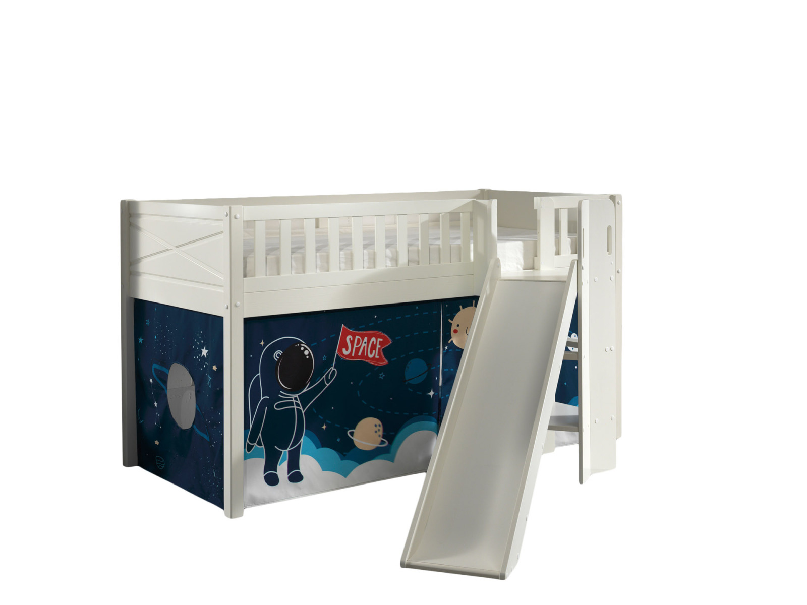 Spielbett SCOTT - weiß - Space Shuttle - mit Rutsche, Vorhang und Leiter - 90x200 cm