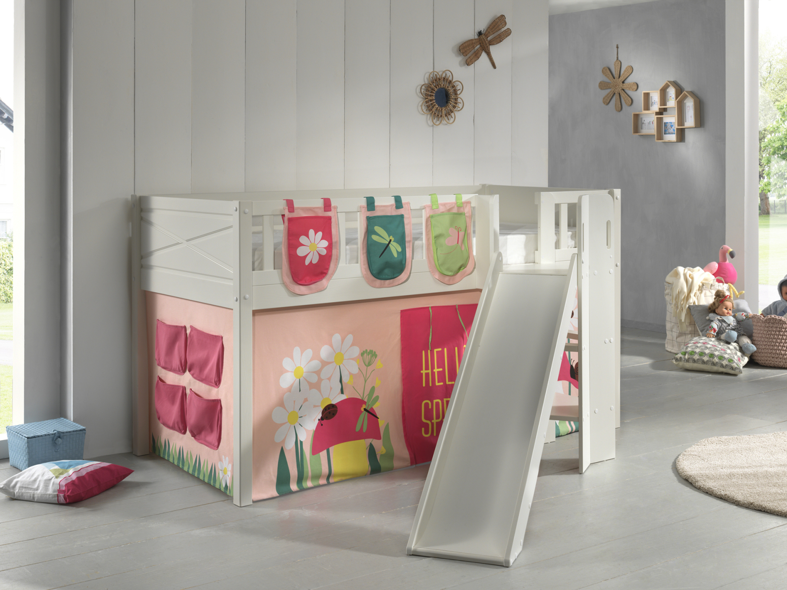Spielbett SCOTT - weiß - Spring - mit Rutsche, Vorhang, Taschen und Leiter - 90x200 cm