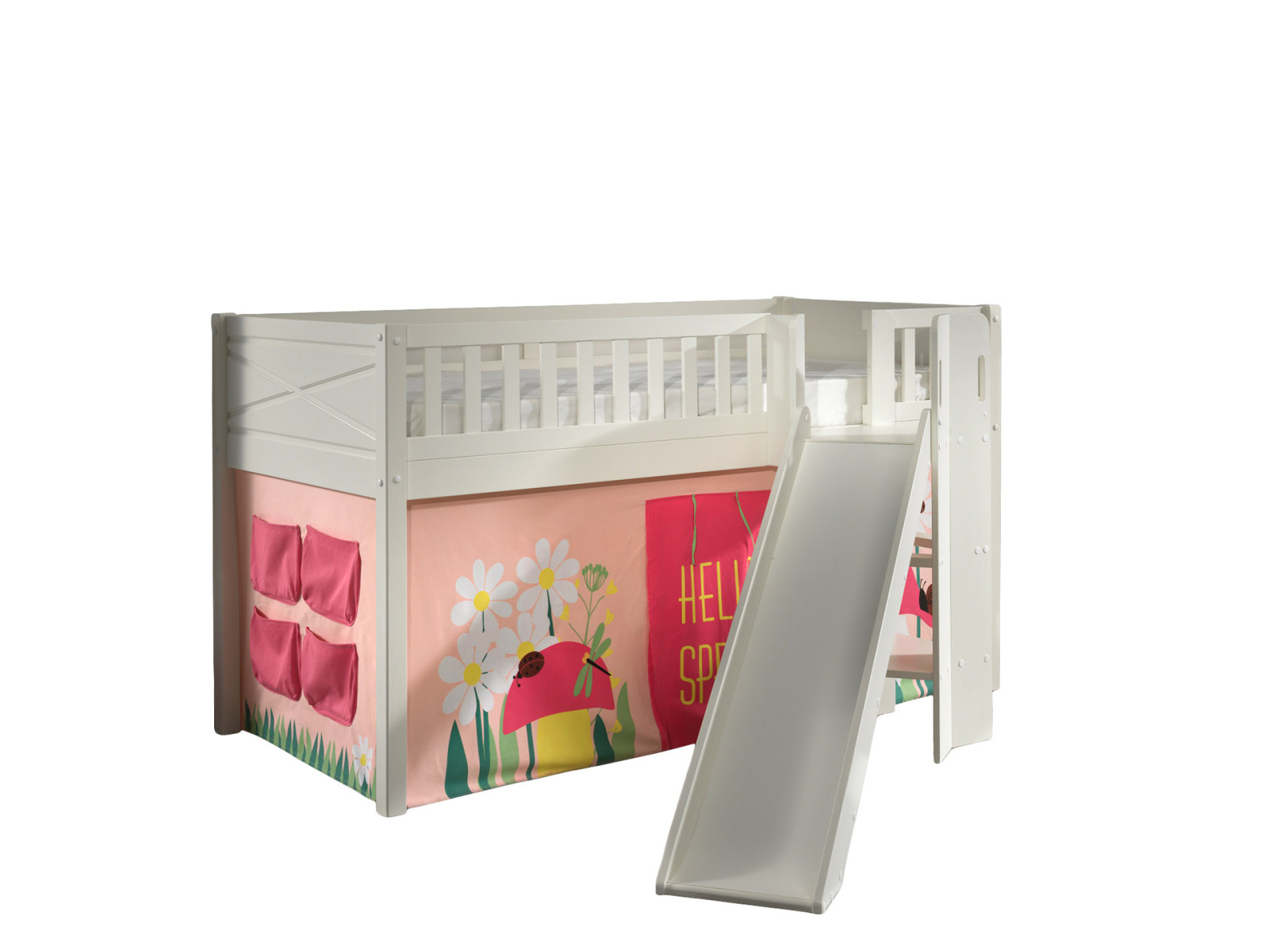 Spielbett SCOTT - weiß - Spring - mit Rutsche, Vorhang und Leiter - 90x200 cm