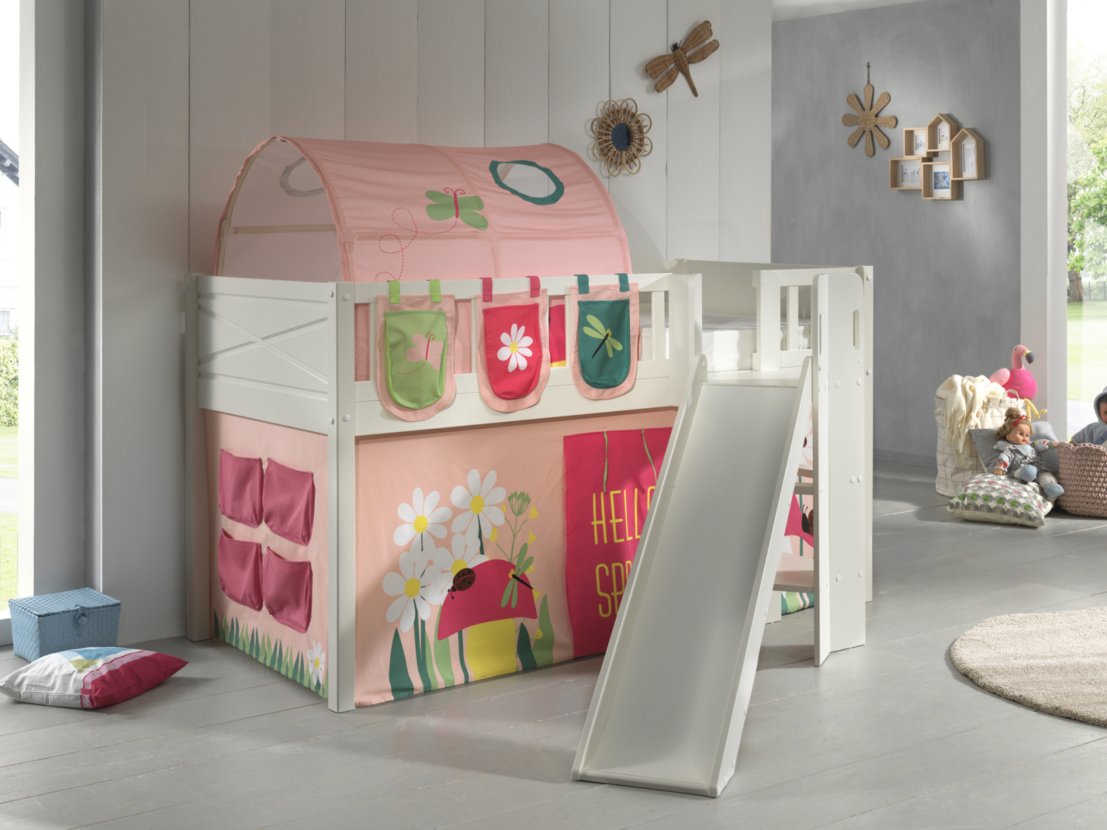 Spielbett SCOTT - weiß - Spring - mit Rutsche - Vorhang, Leiter, Tunnel und Taschen - 90x200 cm