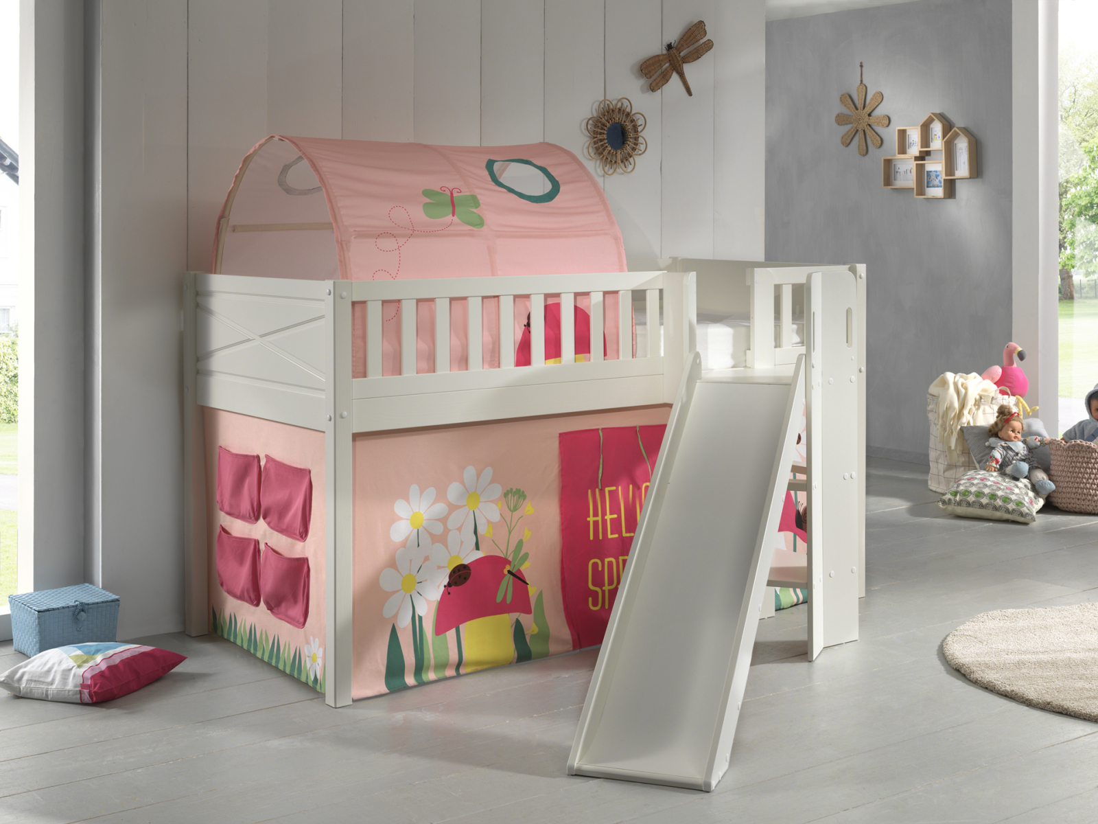 Spielbett SCOTT - weiß - Spring - mit Rutsche - Vorhang, Leiter und Tunnel - 90x200 cm