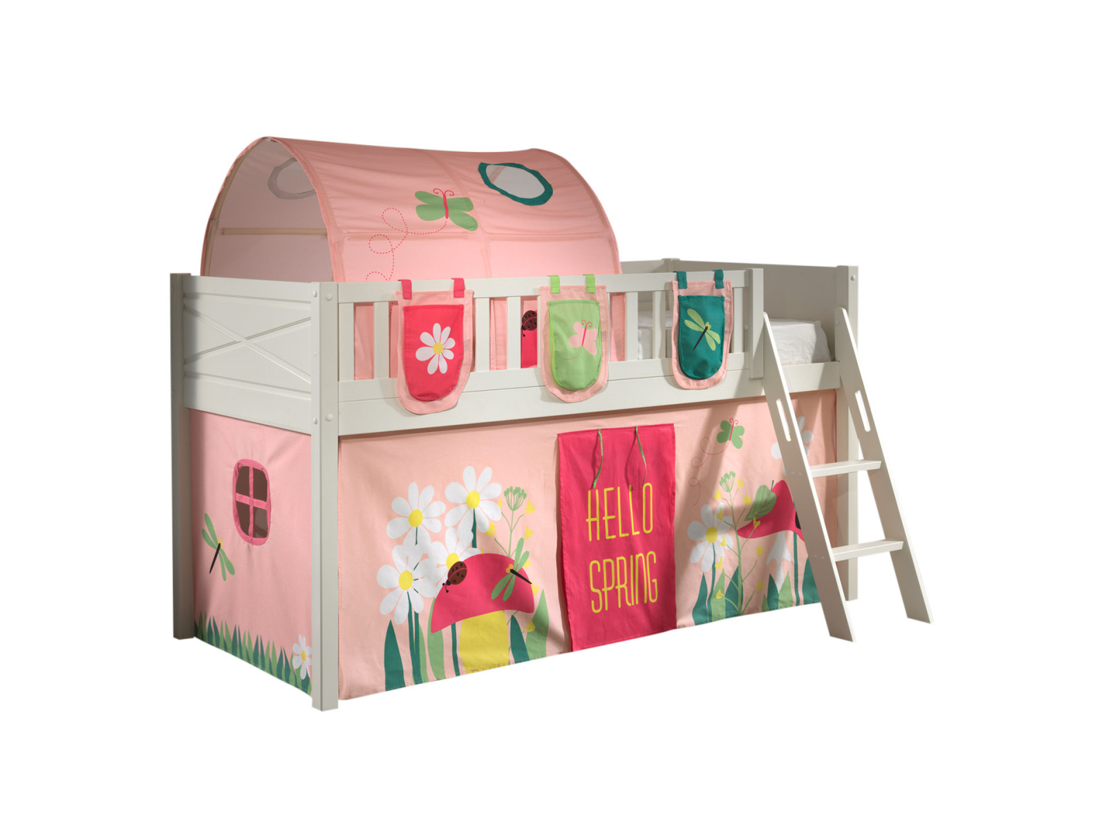 Spielbett SCOTT - weiß - Spring - mit Vorhang, Leiter, Tunnel und Taschen - 90x200 cm