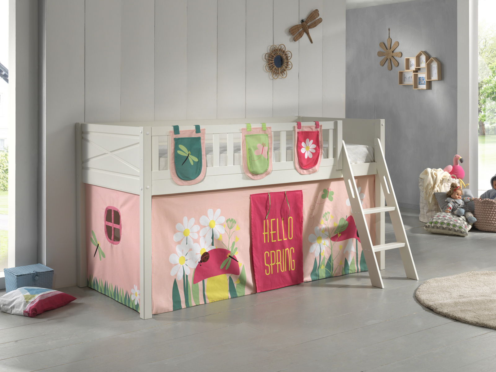 Spielbett SCOTT - weiß - Spring - mit Vorhang, Leiter und Taschen - 90x200 cm