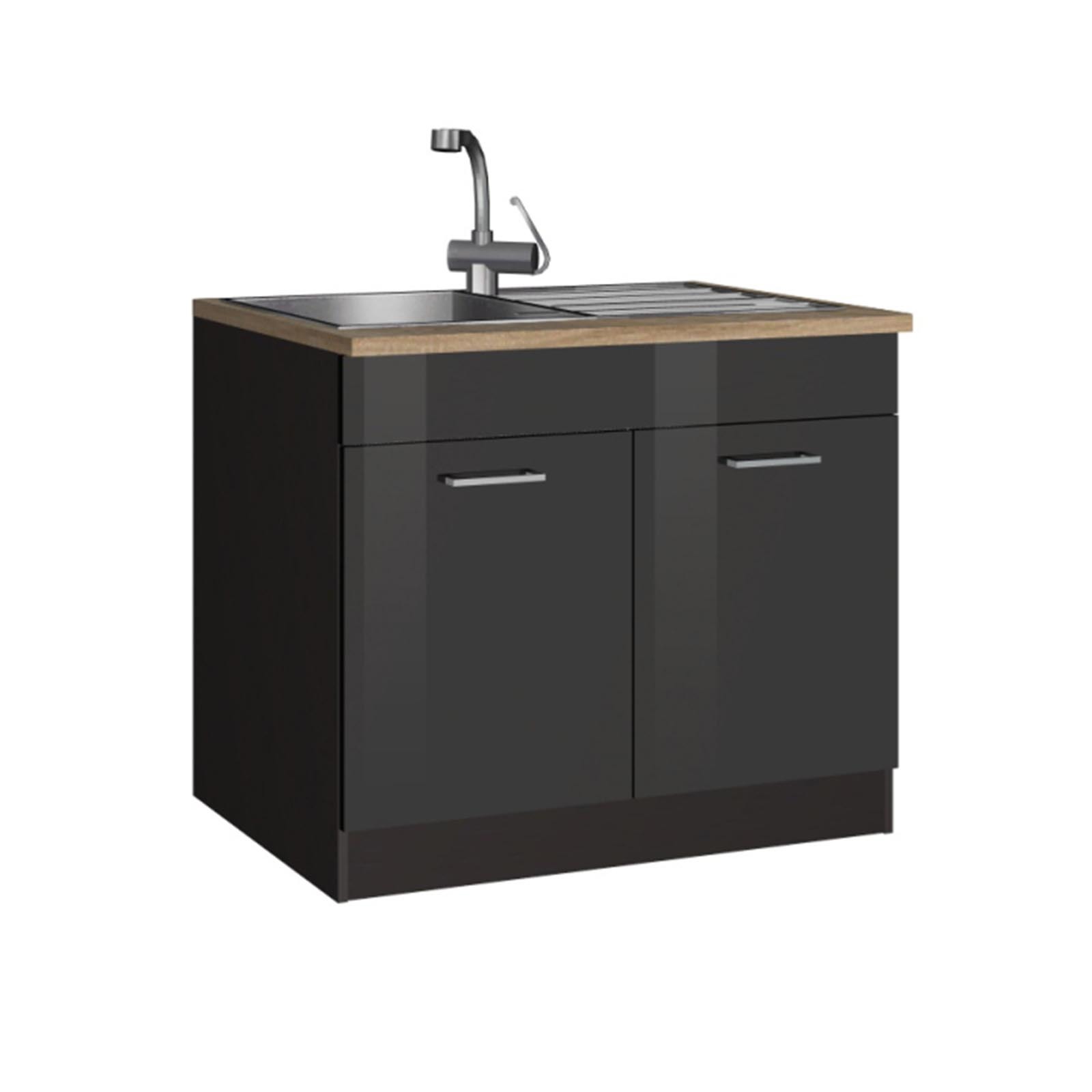 Spülenunterschrank ROM - grau Hochglanz - mit Spüle - 100 cm