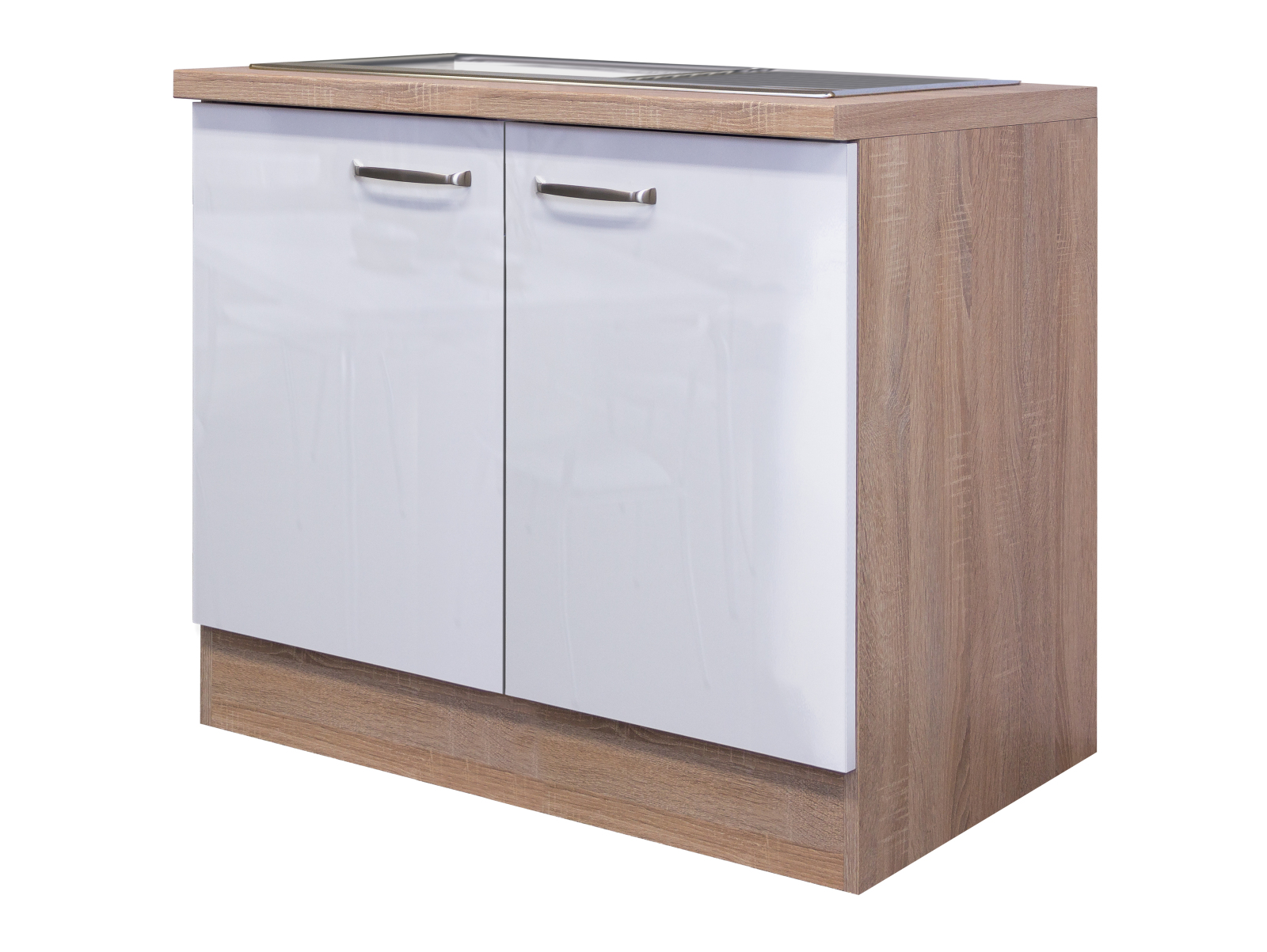 Spülenunterschrank VALERO - weiß Hochglanz-Sonoma Eiche - mit Spüle - 100 cm