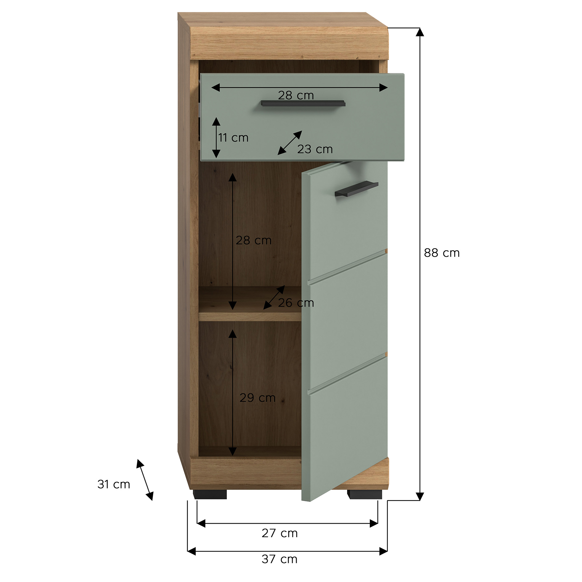 Standschrank SCOUT - Salbei - Artisan Eiche - 37 cm