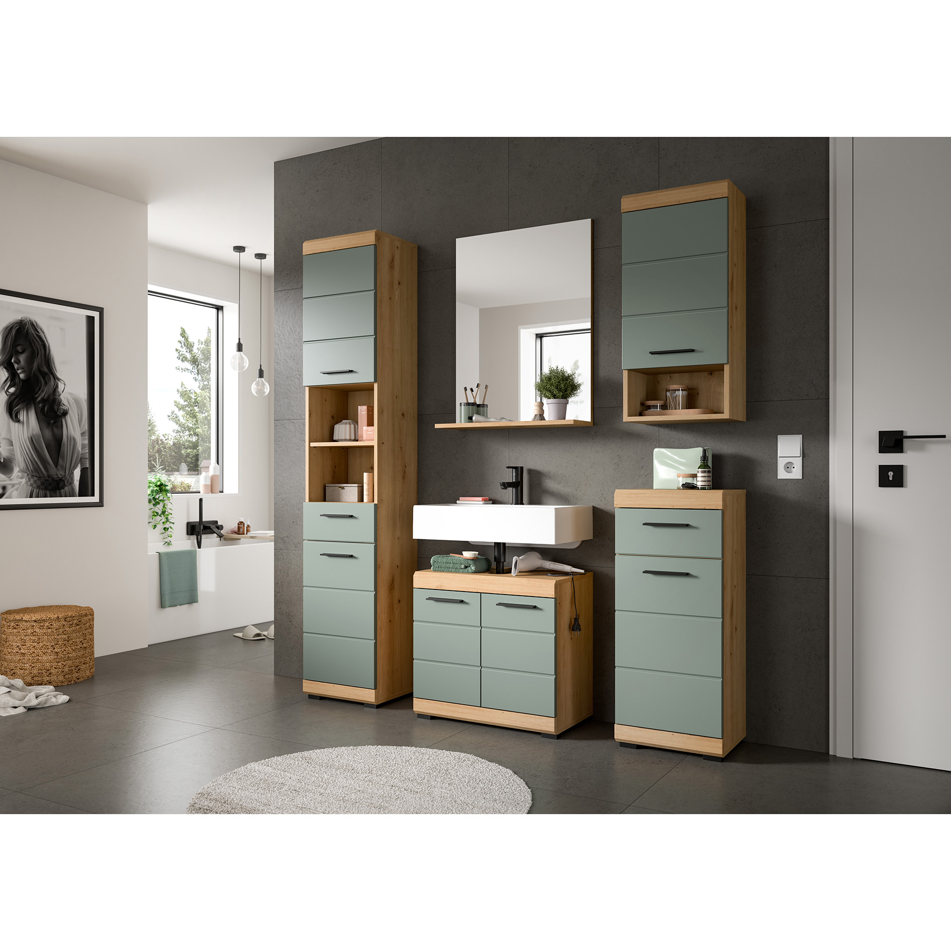 Standschrank SCOUT - Salbei - Artisan Eiche - 37 cm