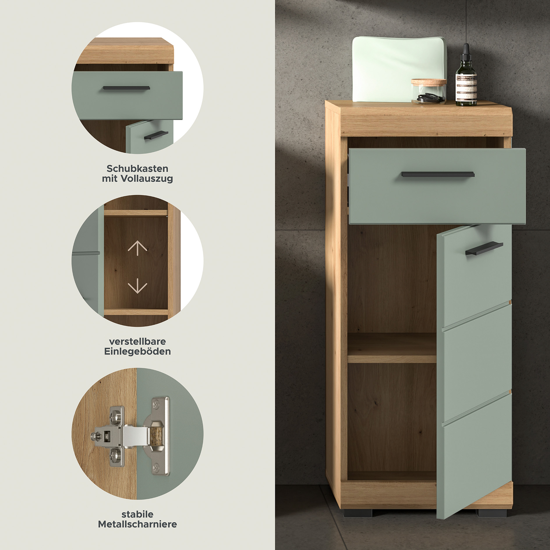 Standschrank SCOUT - Salbei - Artisan Eiche - 37 cm