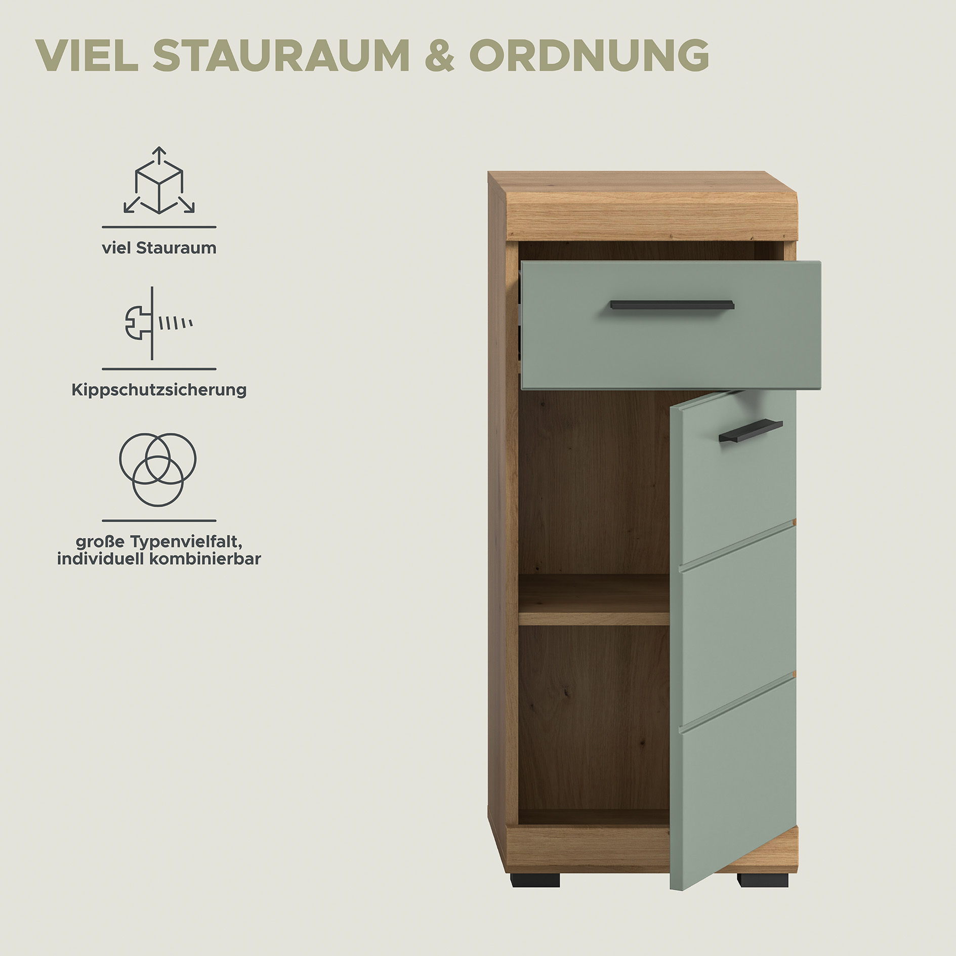 Standschrank SCOUT - Salbei - Artisan Eiche - 37 cm