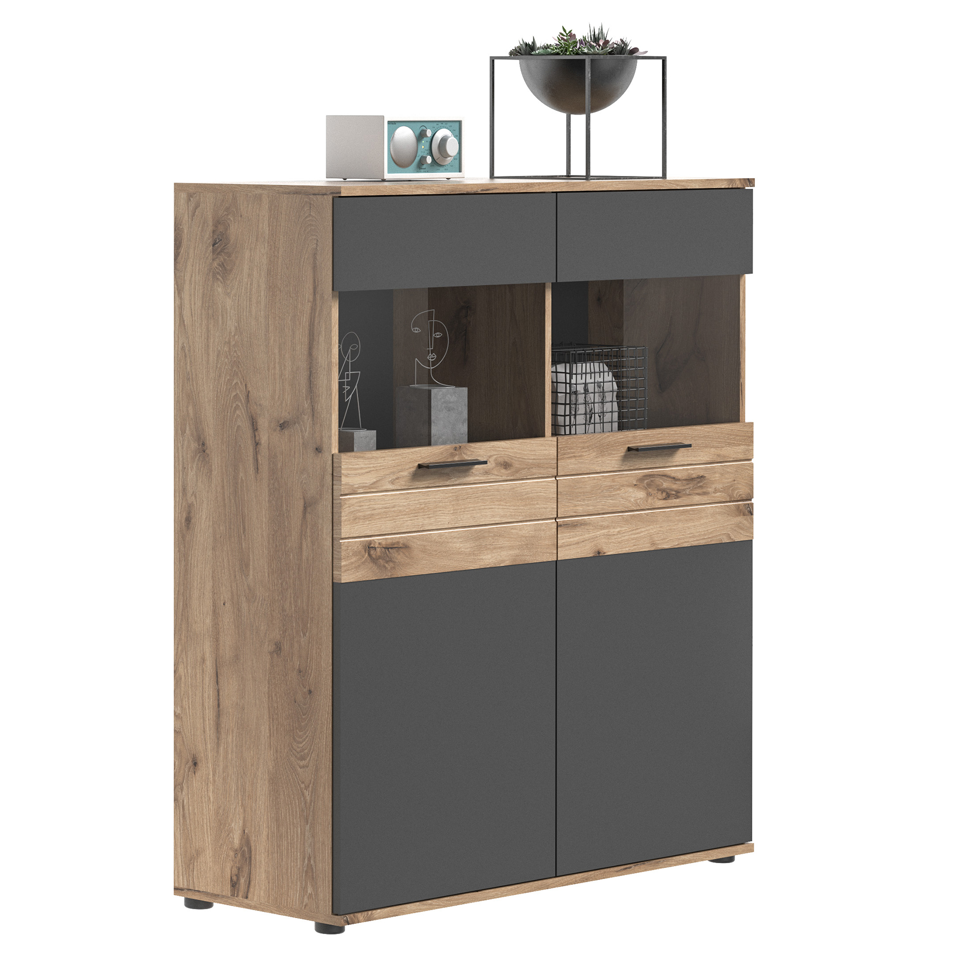 Standvitrine MASON - Nox Oak - Basalt grau - 110 cm