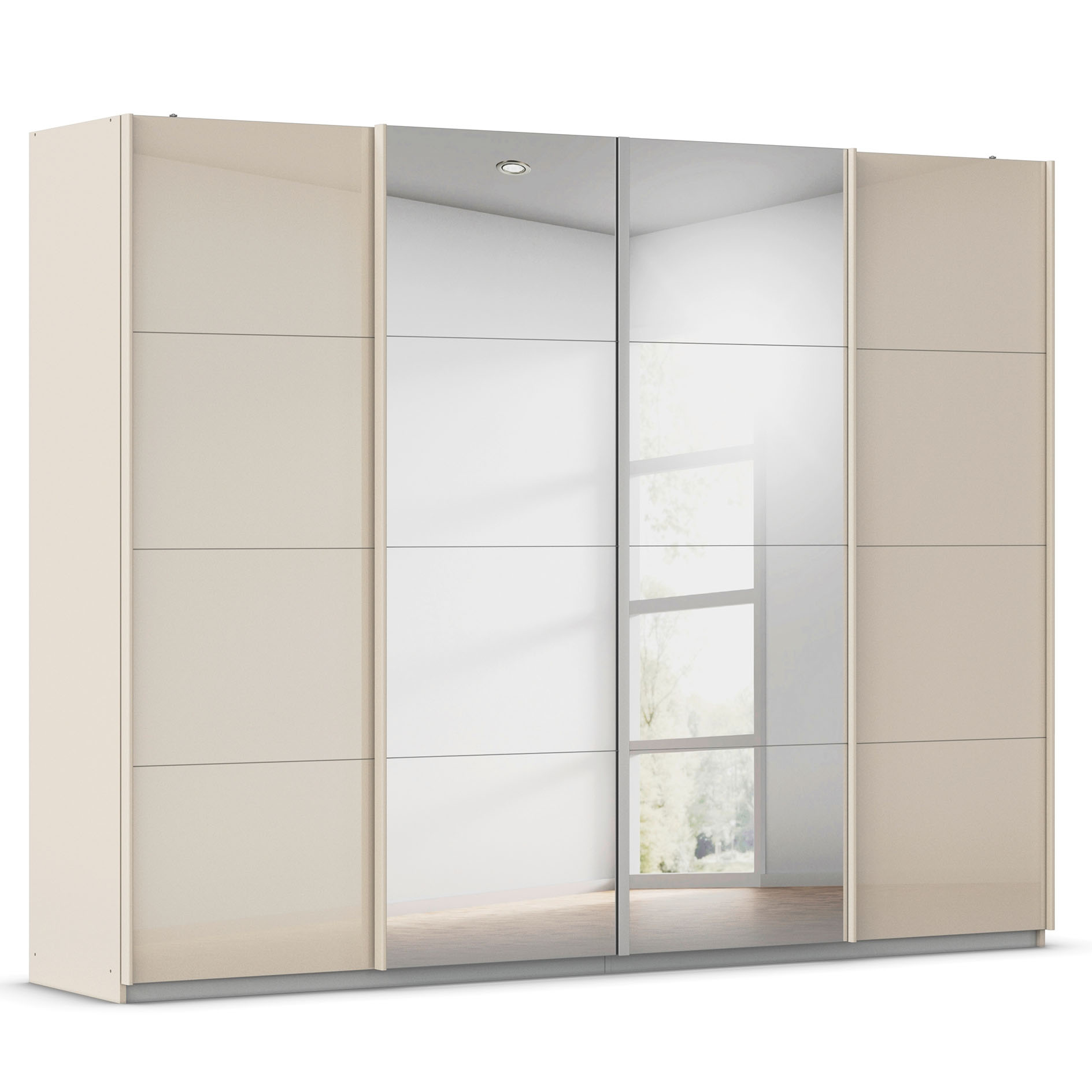 Synchron-Schwebetürenschrank - champagner - 2 Spiegeltüren - 2 Glastüren - 271x211 cm