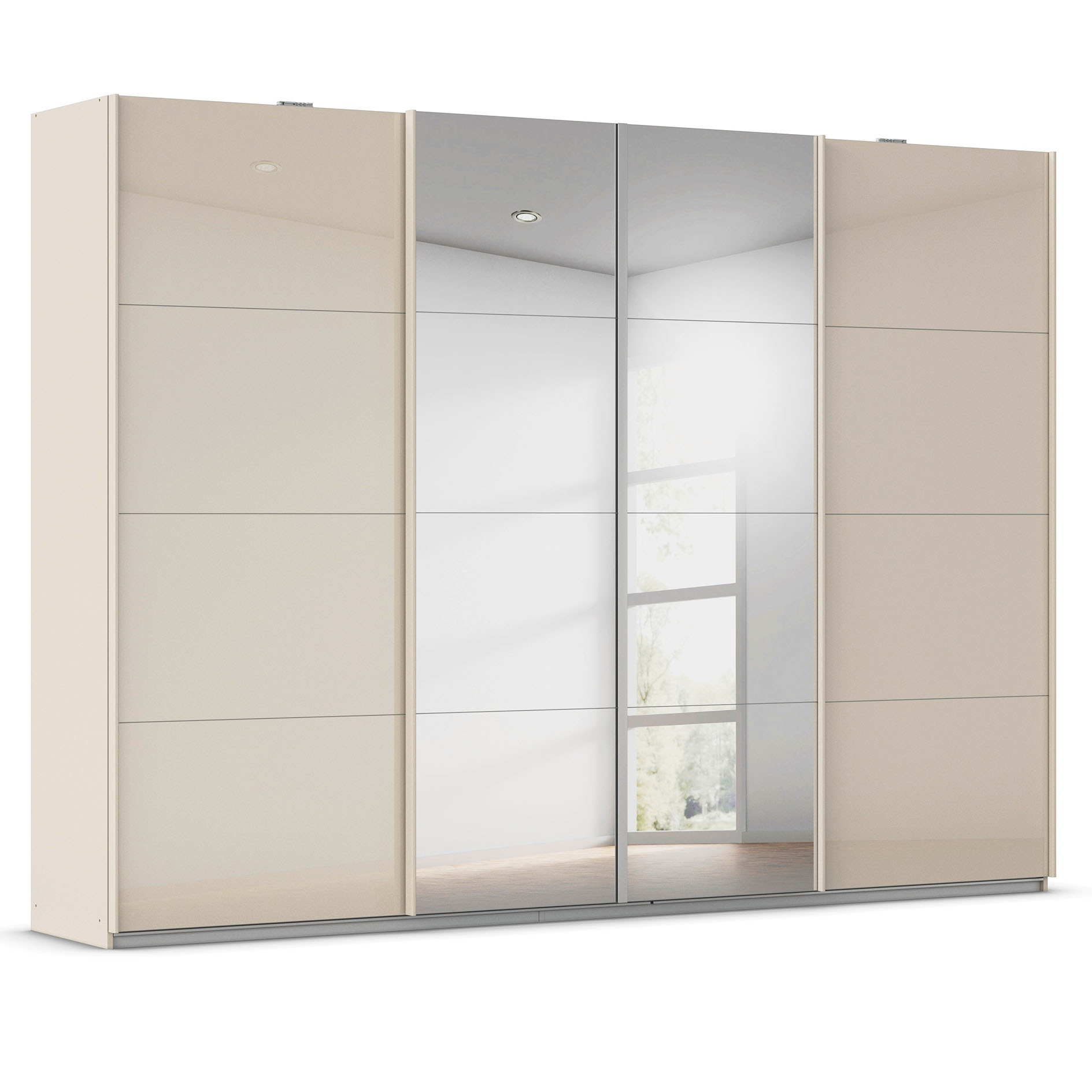 Synchron-Schwebetürenschrank - champagner - 2 Spiegeltüren - 2 Glastüren - 315x231 cm