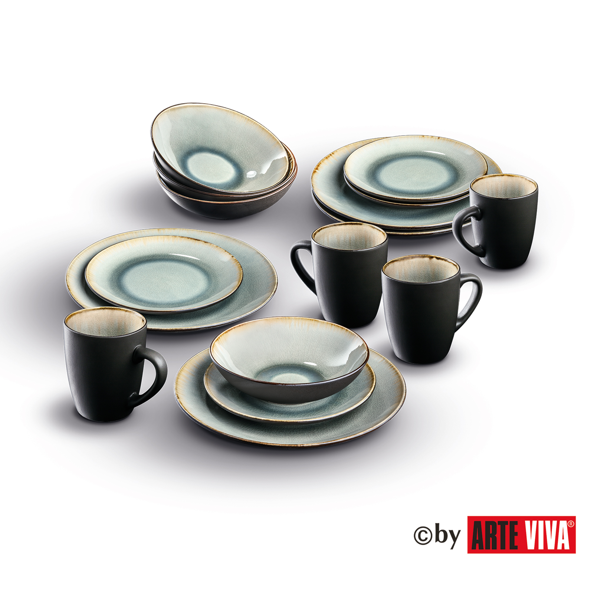 Tafelservice - grau-schwarz - Crackle - 16-teilig