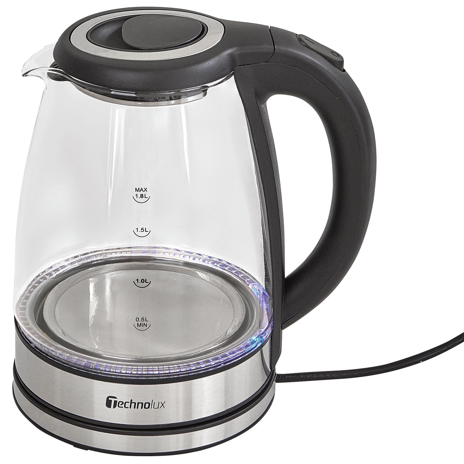 TECHNOLUX Glas-Wasserkocher - schwarz-silber matt - 1,8 Liter
