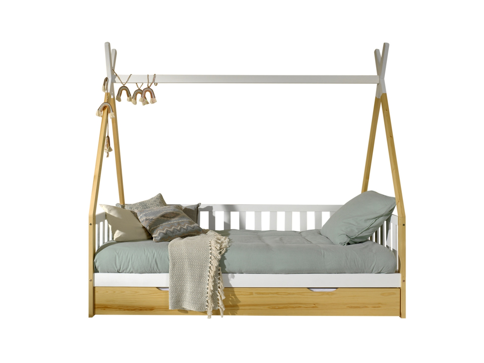 Tipi-Zelt-Bett - Kiefer-weiß - Schublade - Rolllattenrost - 90x200 cm