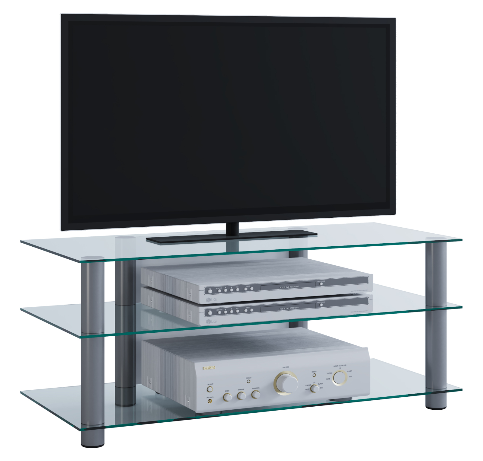 TV-Rack - silber-klar - 3 Glasböden - 110 cm breit