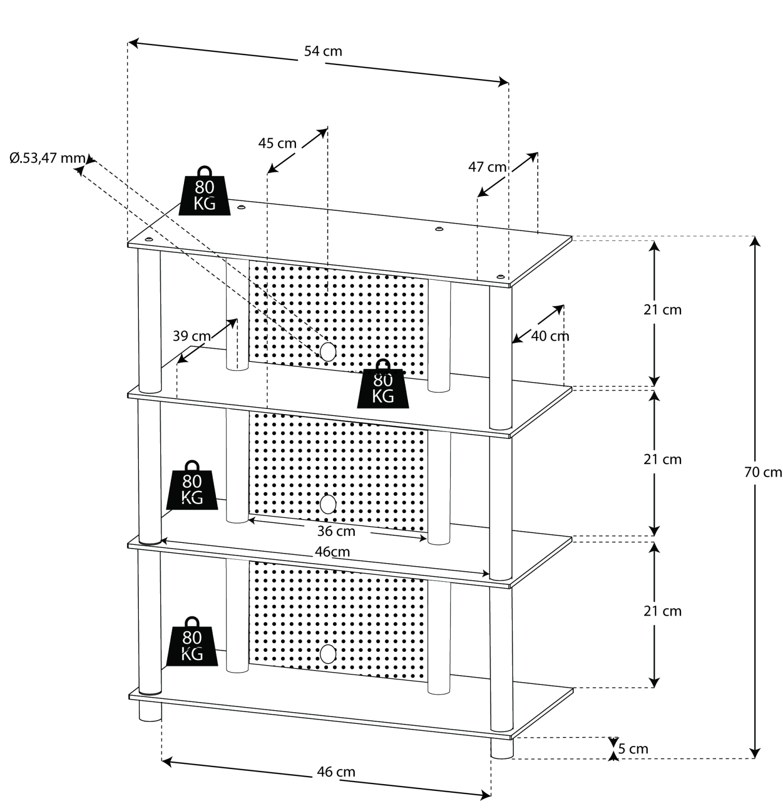TV-Rack - silber-klar - 4 Glasböden - 54 cm breit