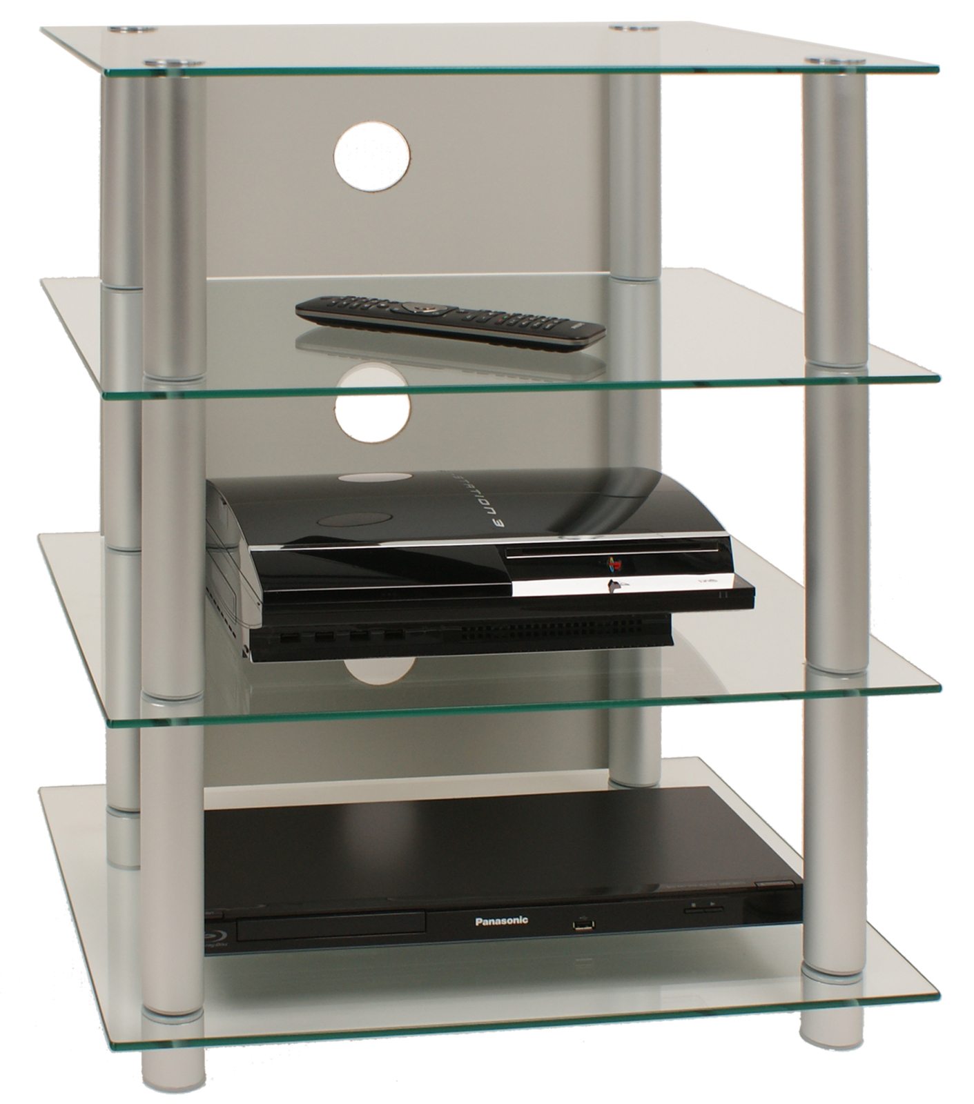 TV-Rack - silber-klar - 4 Glasböden - 54 cm breit