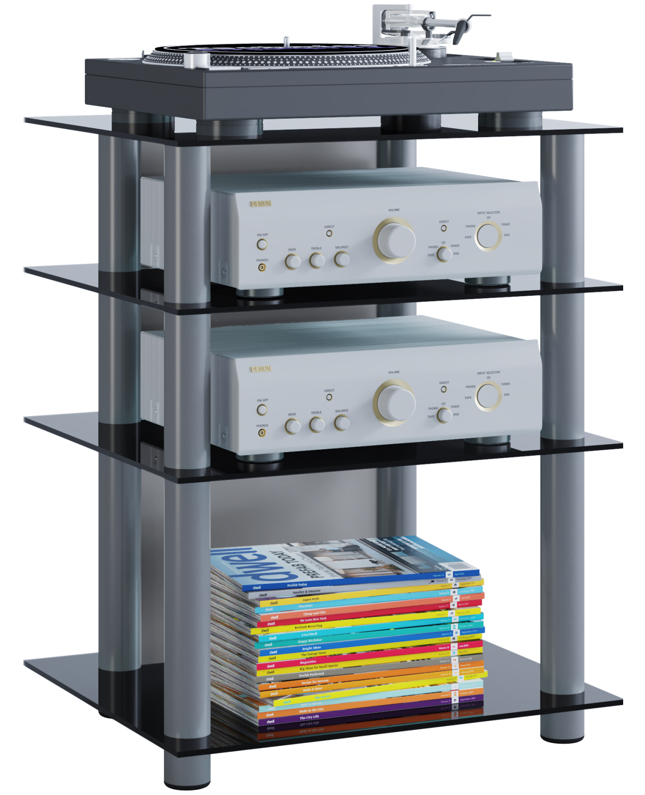 TV-Rack - silber-schwarz - 4 Glasböden - 59 cm breit