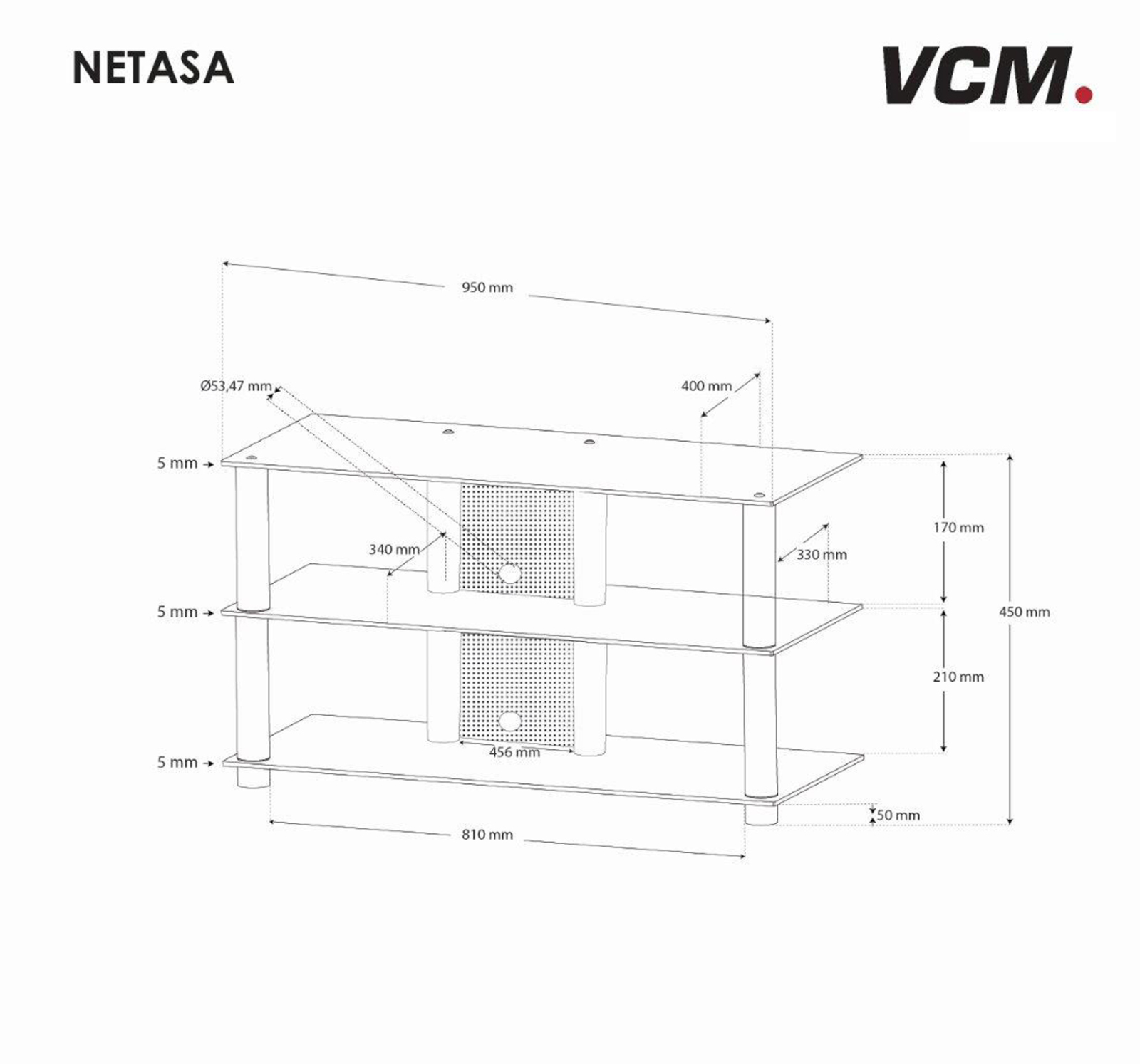 TV-Rack - silber - Schwarzglas - 95 cm breit