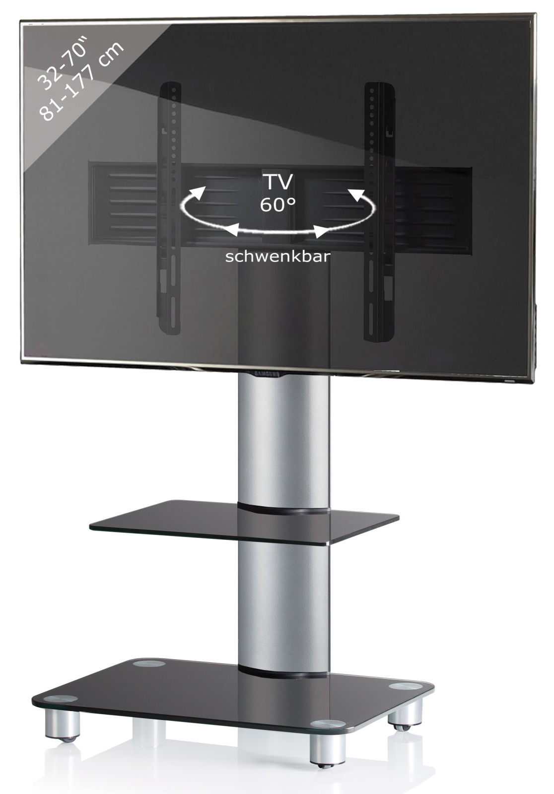 TV-Rack - silber - Schwarzglas - mit Zwischenboden - für 32-70 Zoll - 60 cm breit