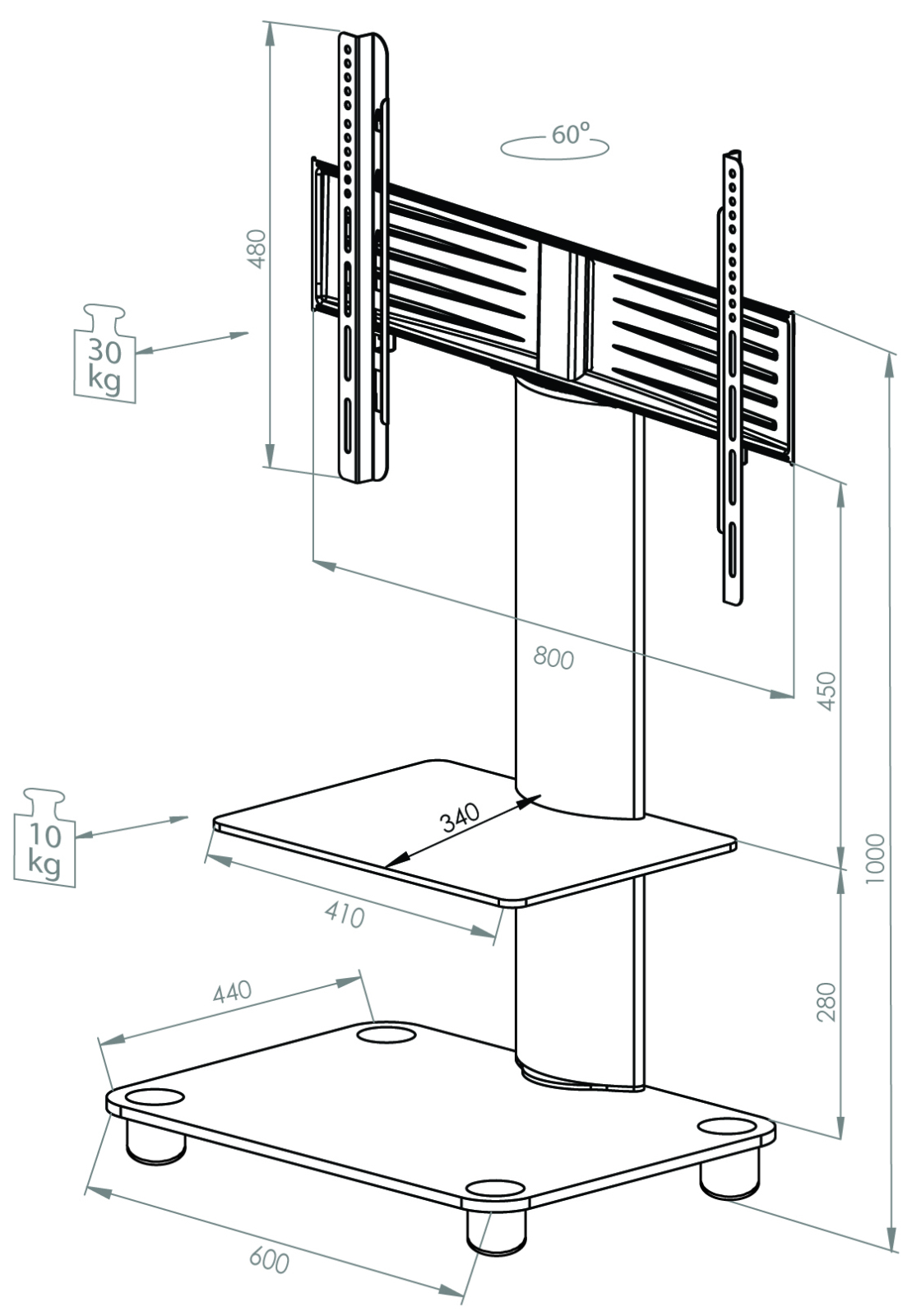 TV-Rack - silber - Schwarzglas - mit Zwischenboden - für 32-70 Zoll - 60 cm breit