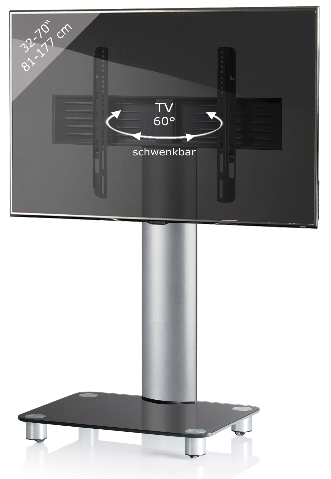 TV-Rack - silber - Schwarzglas - schwenkbar - für 32-70 Zoll - 60 cm breit