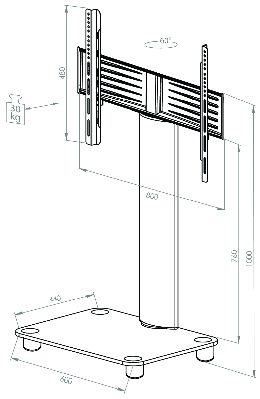 TV-Rack - silber - Schwarzglas - schwenkbar - für 32-70 Zoll - 60 cm breit