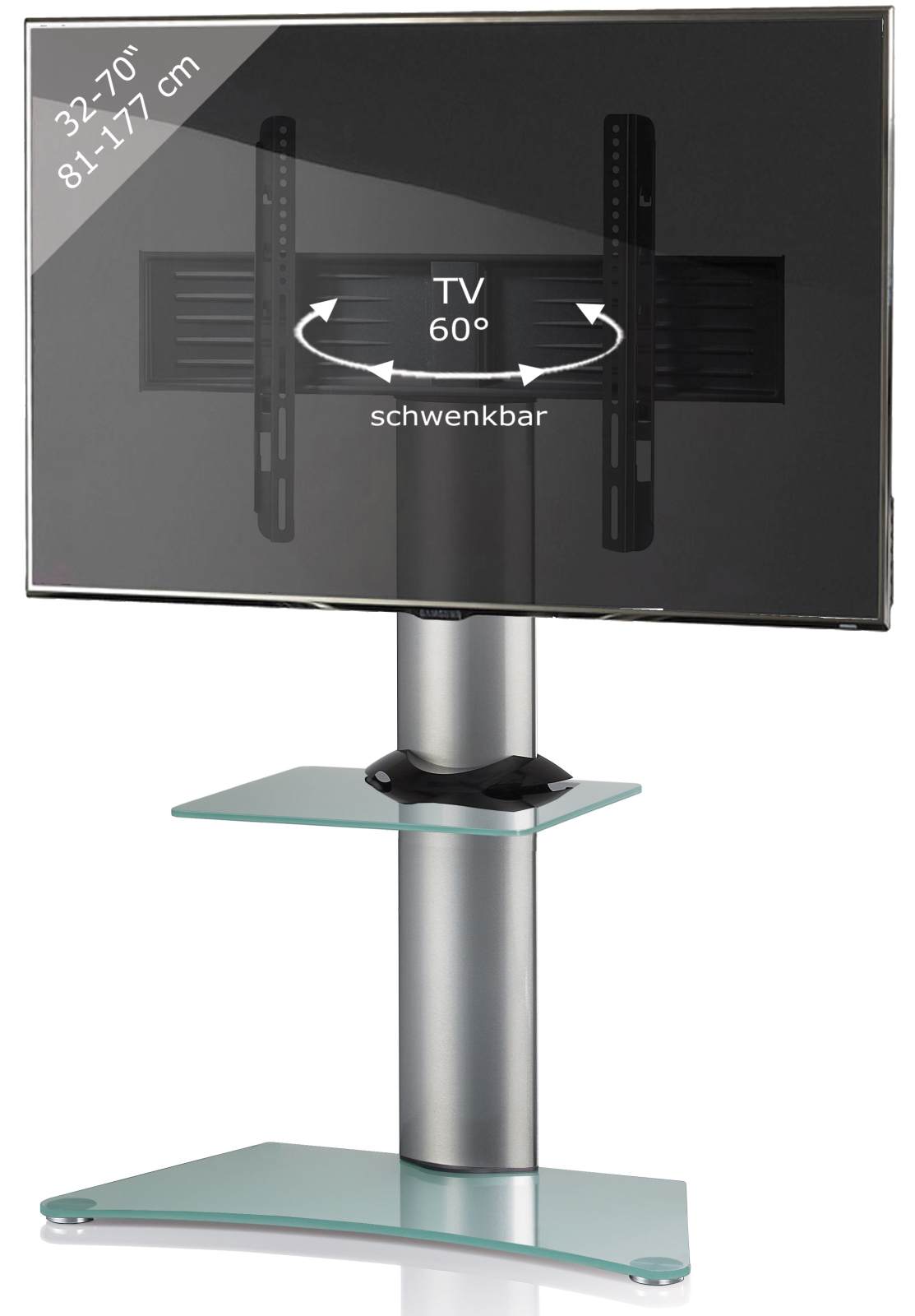 TV-Standfuß ZENTAL - silber - Mattglas - mit Ablage